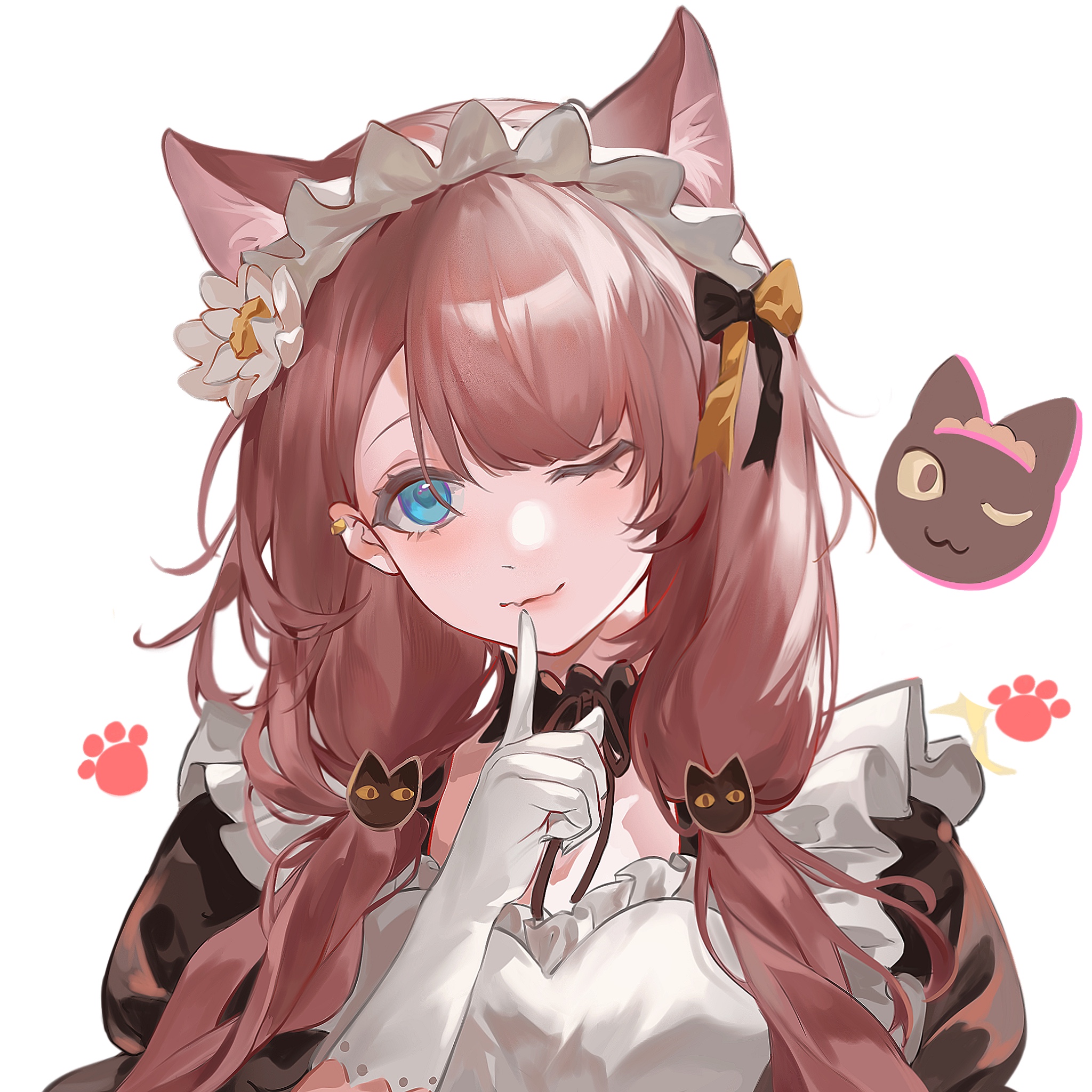 kakuka (kakuka112), pepe (arknights), arknights, commentary, highres, 1girl, alternate costume, animal ear fluff, animal ears, apron, aqua eyes, black dress, black ribbon, brown hair, closed mouth, dress, ear piercing, extra ears, flower, frilled apron, frilled hairband, frills, gloves, hair over shoulder, hair ribbon, hairband, hand up, long hair, looking at viewer, maid, one eye closed, piercing, ribbon, simple background, solo, upper body, white apron, white background, white flower, white gloves, white hairband, yellow ribbon
