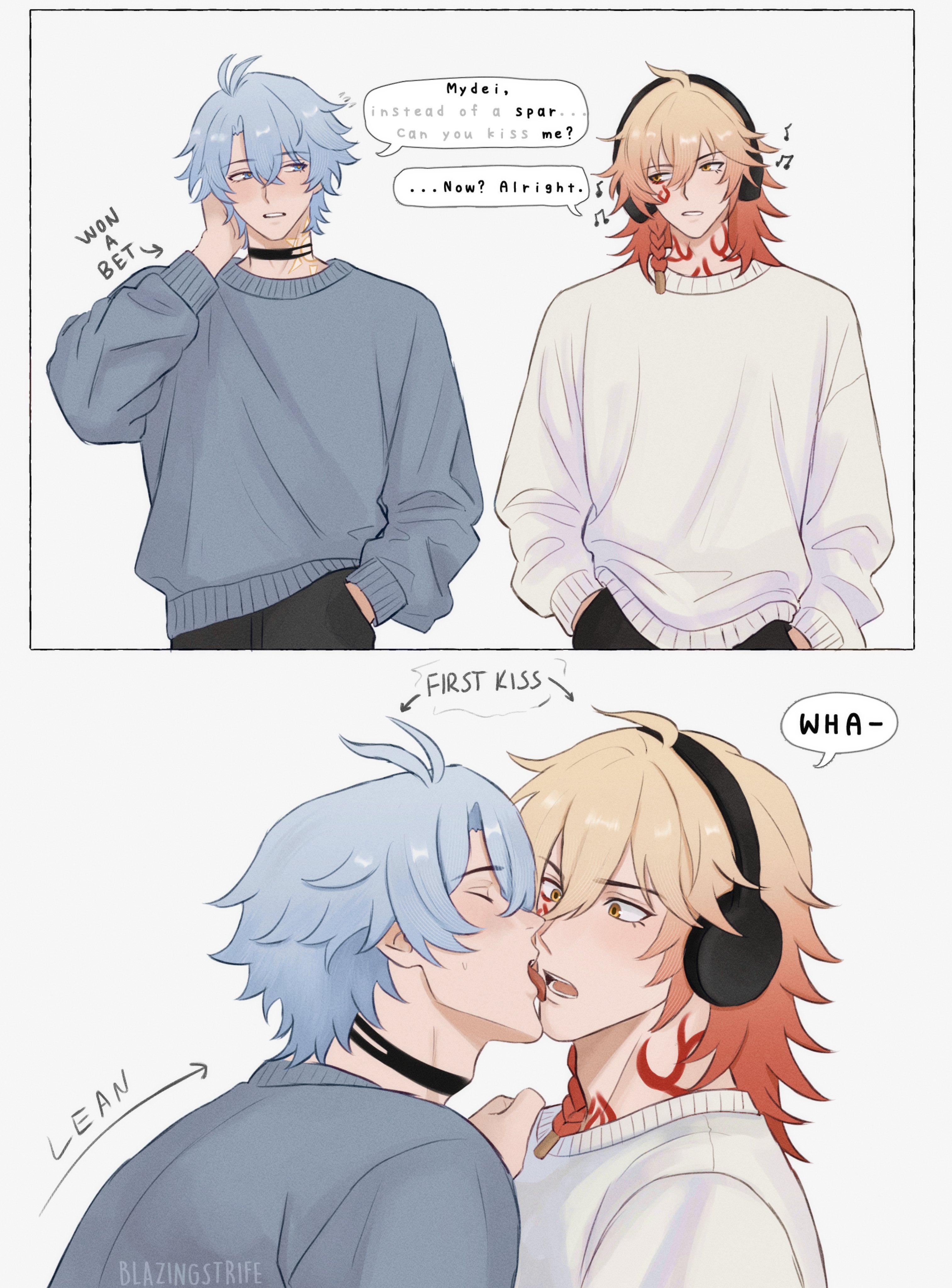 mydei (honkai: star rail), phainon (honkai: star rail), honkai: star rail, honkai (series), absurdres, commentary, english commentary, highres, 2boys, antenna hair, black choker, black pants, blazingstrife, blonde hair, blue eyes, blush, braid, chest tattoo, choker, facial tattoo, gradient hair, grey sweater, headphones, kiss, male focus, medium hair, multicolored hair, multiple boys, neck tattoo, pants, parted bangs, red hair, short hair, side braid, sun symbol, sun tattoo, sweater, tan, tattoo, white hair, white sweater, yaoi, yellow eyes