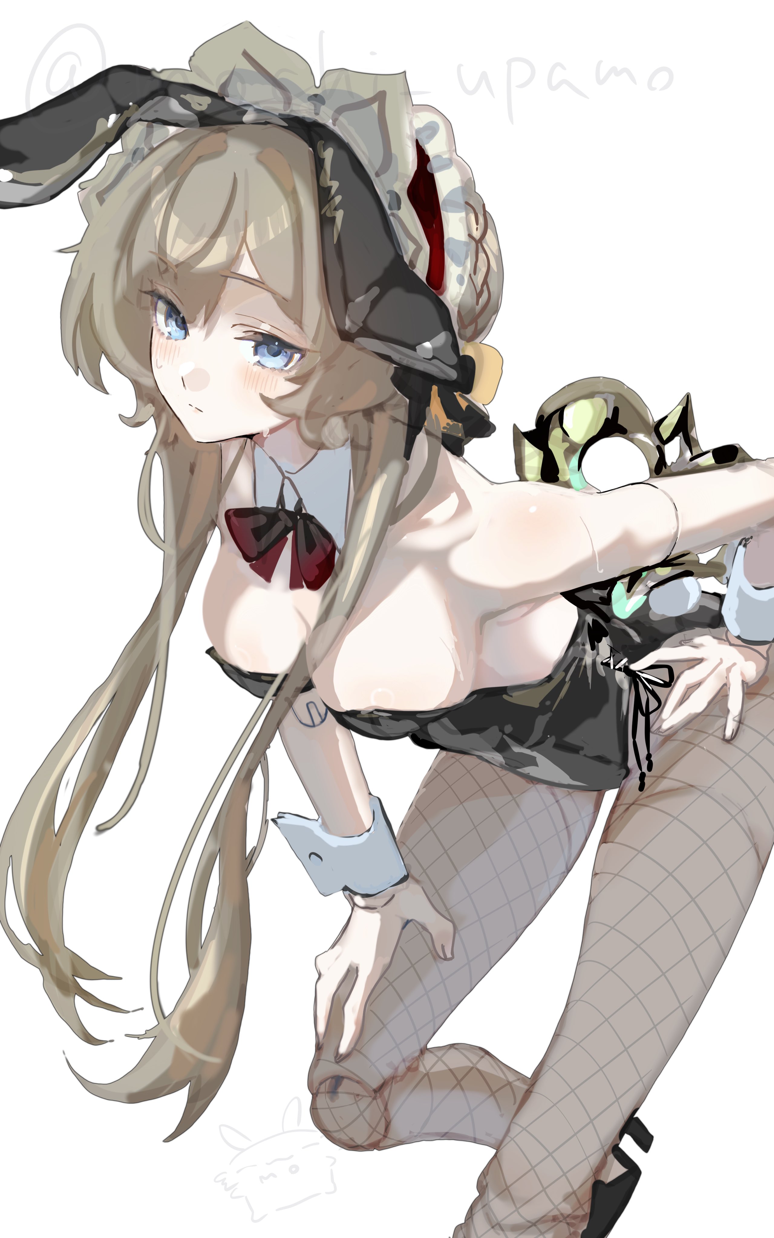 mochi upamo, sandrone (genshin impact), genshin impact, absurdres, commentary request, highres, 1girl, alternate costume, animal ears, artist name, black leotard, blue eyes, bow, bowtie, breasts, brown hair, collar, detached collar, fake animal ears, fishnet pantyhose, fishnets, large breasts, leaning forward, leotard, long hair, looking at viewer, pantyhose, playboy bunny, rabbit ears, simple background, solo, two-tone bow, two-tone bowtie, very long hair, white background, white collar, wrist cuffs