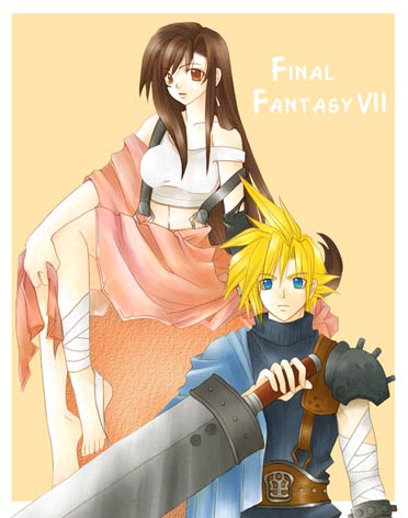 cloud strife, tifa lockhart, final fantasy, final fantasy vii, lowres, 1990s (style), 1st product, bandages, couple, retro artstyle, strap slip, sword, weapon