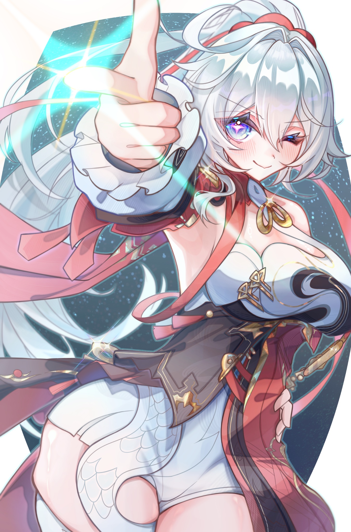 niwa x 4 torigairu, kiana kaslana, kiana kaslana (ba-dum! fiery wishing star), honkai (series), honkai impact 3rd, commentary, english commentary, highres, 1girl, birthday, blue eyes, breasts, cowboy shot, detached sleeves, dress, finger gun, large breasts, long hair, long sleeves, looking at viewer, one eye closed, ponytail, smile, solo, symbol-shaped pupils, very long hair, white hair