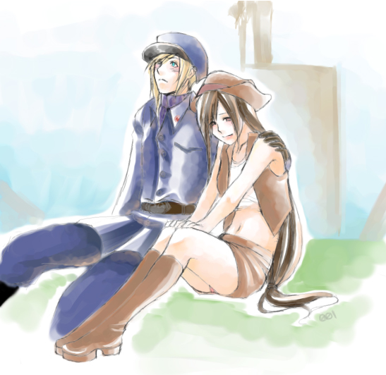 cloud strife, tifa lockhart, final fantasy, final fantasy vii, 1990s (style), 1boy, 1girl, black hair, blonde hair, full body, hat, jacket, long hair, long sleeves, looking afar, looking up, low-tied long hair, navel, nibelheim, own hands together, retro artstyle, short hair, thighs, very long hair