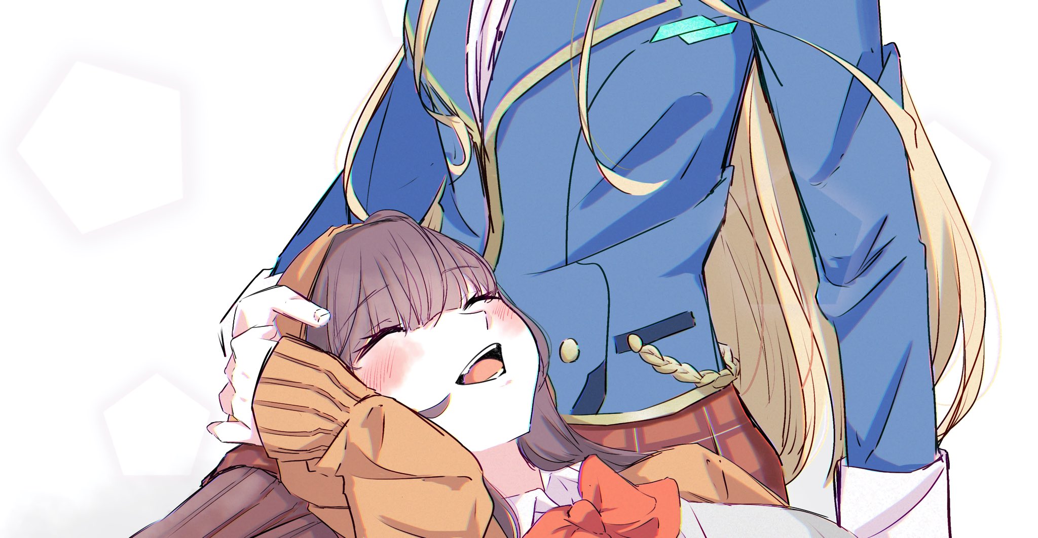 asakura karen (heaven burns red), toujou tsukasa, heaven burns red, commentary request, highres, 2girls, black hair, blonde hair, blue jacket, bow, hood, hood up, hooded jacket, jacket, long hair, long sleeves, multiple girls, red bow, tsuki mi925, white background, yuri