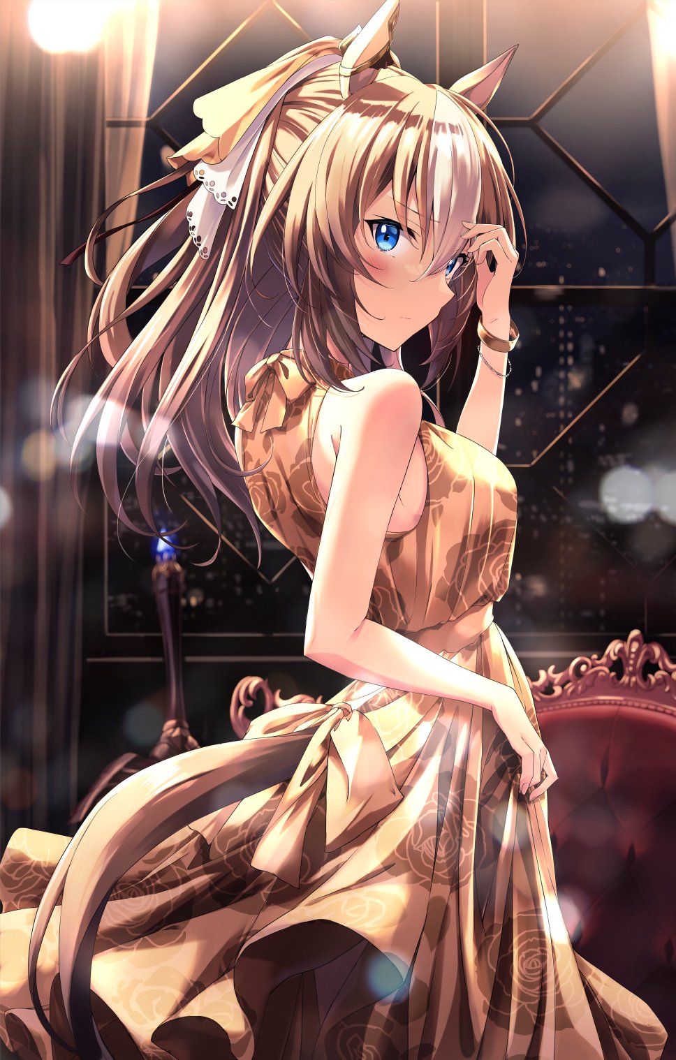 murasaki himuro, durandal (umamusume), umamusume, commentary request, highres, 1girl, alternate costume, animal ears, bare shoulders, blonde hair, blue eyes, blush, breasts, brown dress, chair, closed mouth, dress, ear covers, hair between eyes, hair ornament, horse ears, horse girl, horse tail, indoors, long hair, looking at viewer, medium breasts, multicolored hair, single ear cover, sleeveless, sleeveless dress, solo, tail, two-tone hair, white hair, window