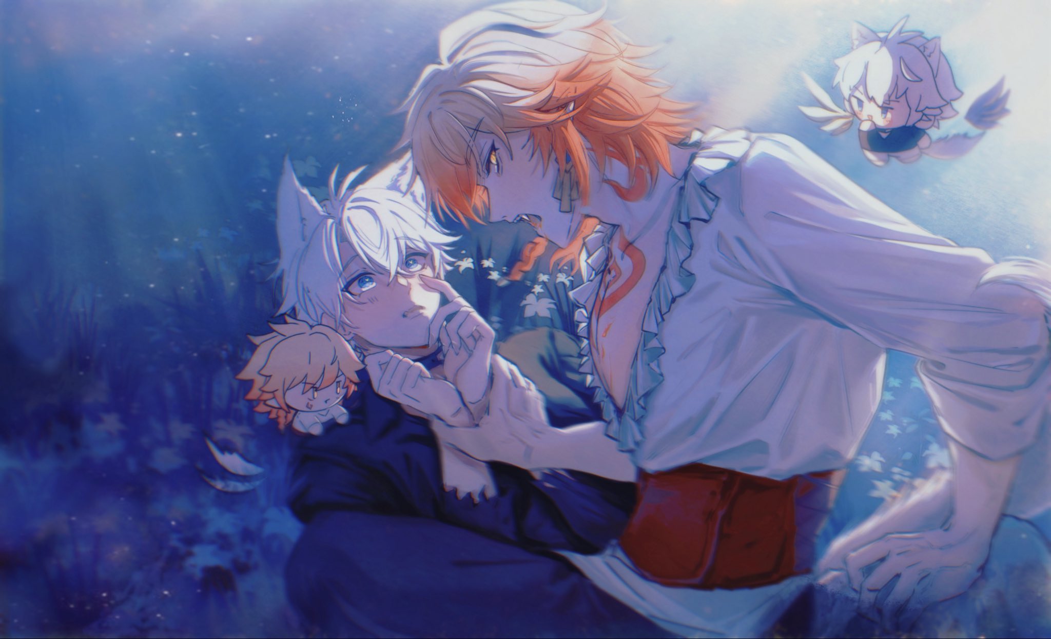 mydei (honkai: star rail), phainon (honkai: star rail), honkai: star rail, honkai (series), commentary, english commentary, highres, 2boys, antenna hair, black choker, black shirt, blonde hair, blue eyes, blush, braid, brulee lumi, chest tattoo, choker, facial tattoo, frilled shirt, frills, gradient hair, holding another's wrist, male focus, medium hair, multicolored hair, multiple boys, parted bangs, red hair, red tattoo, shirt, short hair, side braid, tattoo, white hair, white shirt, yaoi, yellow eyes