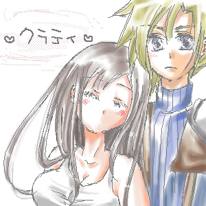 cloud strife, tifa lockhart, final fantasy, final fantasy vii, artist request, lowres, 1990s (style), black hair, blonde hair, blue eyes, breasts, cleavage, closed eyes, large breasts, long hair