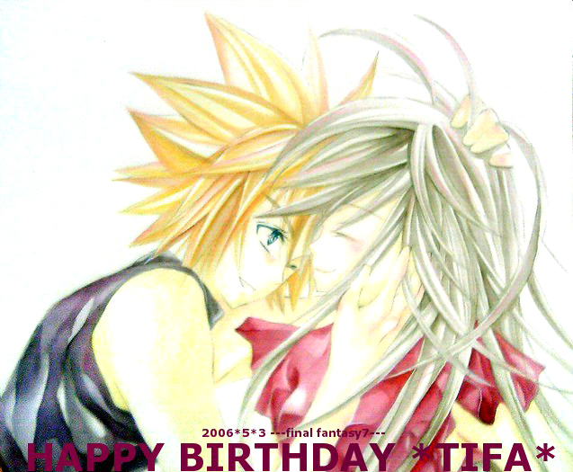 cloud strife, tifa lockhart, final fantasy, final fantasy vii, artist request, 1990s (style), alternate hair color, blonde hair, blue eyes, closed eyes, dated, happy birthday, long hair, spiked hair, white hair