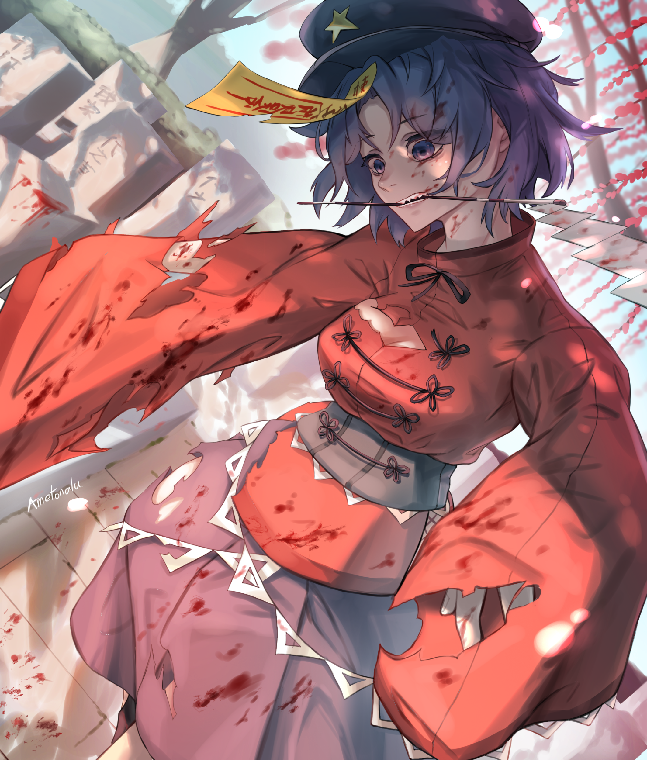 ametonalu, miyako yoshika, touhou, absurdres, commentary request, highres, 1girl, black hat, black ribbon, blood, blood on clothes, blood on face, breasts, chinese clothes, cleavage, gohei, graveyard, hat, hat ornament, jiangshi, medium breasts, mouth hold, neck ribbon, ofuda, ofuda on head, outdoors, outstretched arms, purple eyes, purple hair, purple skirt, red shirt, ribbon, shide, shirt, short hair, signature, skirt, solo, star (symbol), star hat ornament, tangzhuang, tombstone, torn clothes, torn shirt, tree, zombie, zombie pose