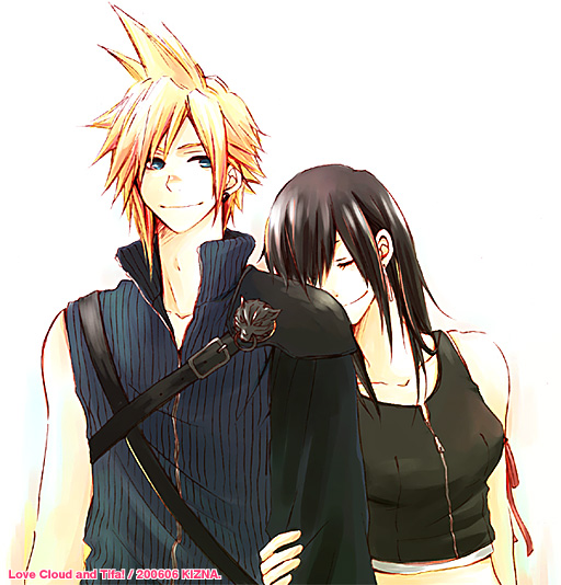 cloud strife, tifa lockhart, final fantasy, final fantasy vii, 1990s (style), black hair, blonde hair, blue eyes, breasts, closed eyes, couple, long hair, tank top