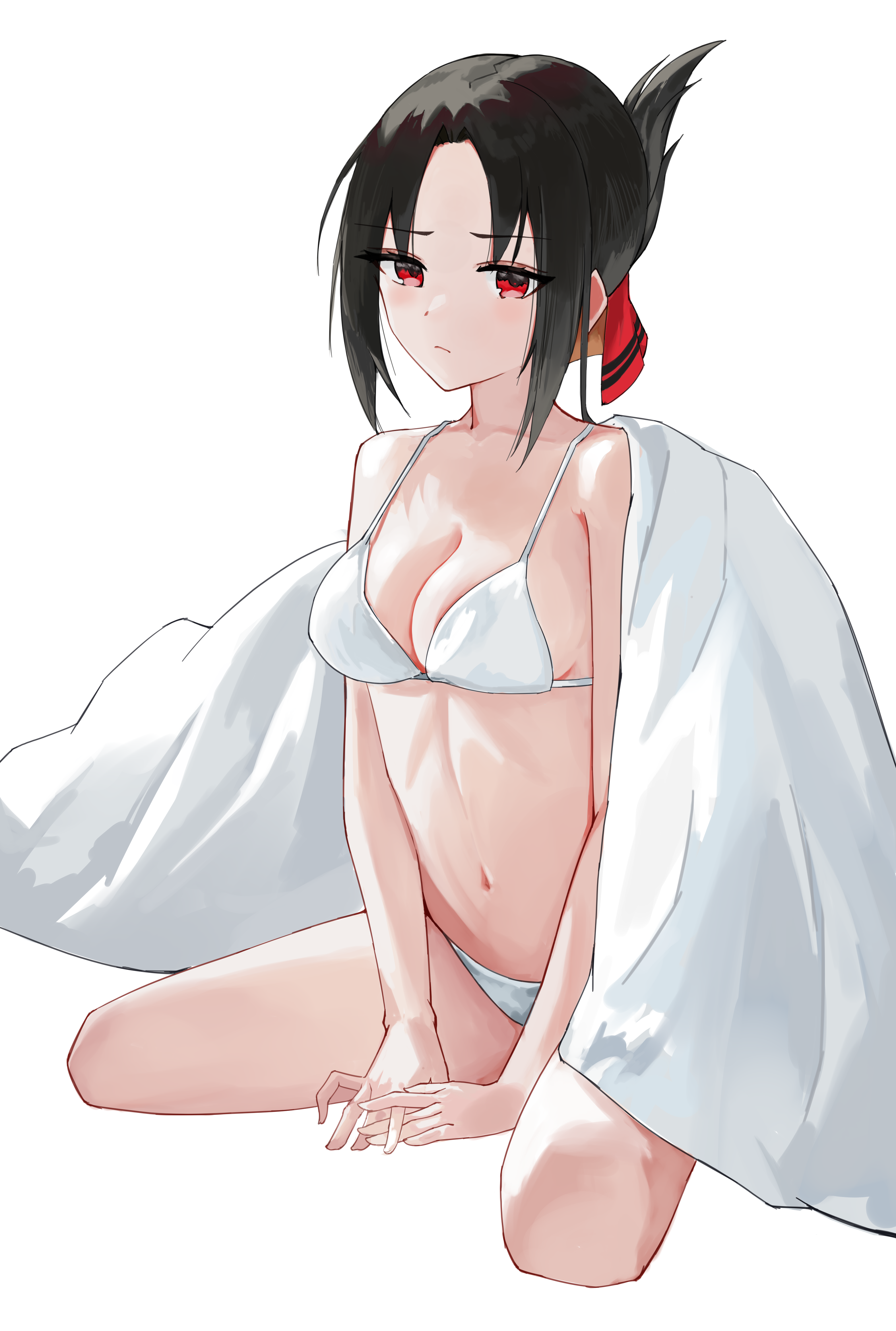 kuonxv, shinomiya kaguya, kaguya-sama wa kokurasetai ~tensai-tachi no renai zunousen~, absurdres, commentary request, highres, 1girl, bikini, black hair, breasts, cleavage, closed mouth, cropped legs, folded ponytail, hair ribbon, looking at viewer, medium breasts, navel, red eyes, ribbon, simple background, sitting, solo, stomach, swimsuit, thighs, under covers, white background, white bikini