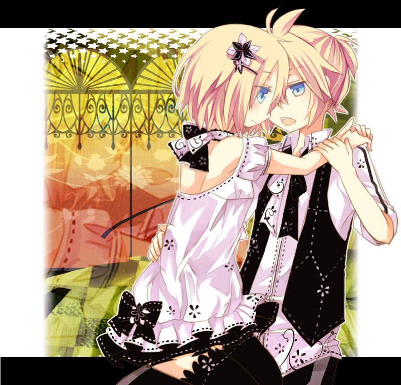 aruya (flosrota), kagamine len, kagamine rin, cendrillon (vocaloid), vocaloid, bad id, bad piapro id, 1boy, 1girl, blonde hair, blue eyes, brother and sister, dress, hair ornament, hairclip, hetero, incest, short hair, siblings, twincest, twins
