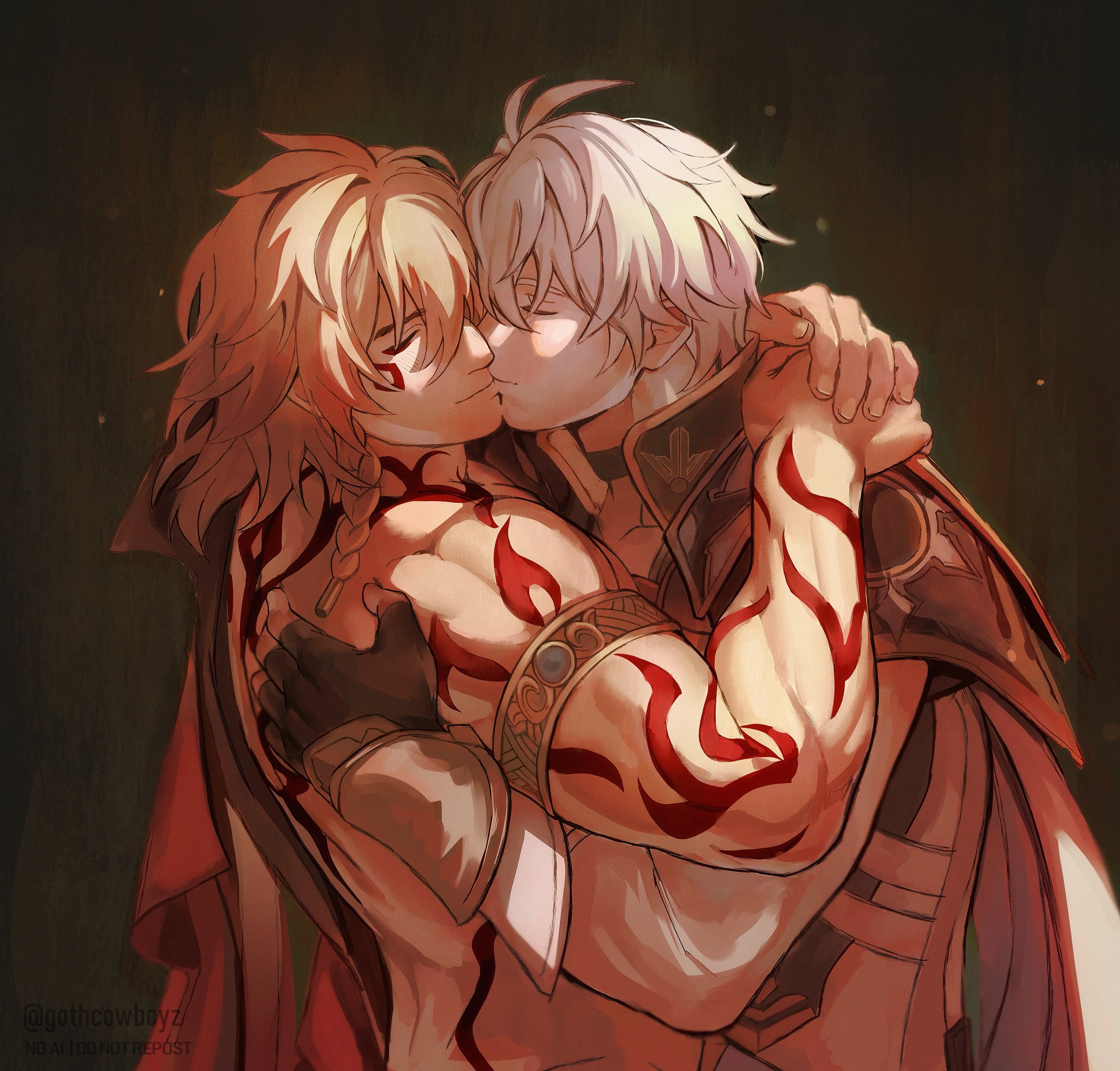 mydei (honkai: star rail), phainon (honkai: star rail), honkai: star rail, honkai (series), absurdres, commentary, english commentary, highres, 2boys, antenna hair, arm tattoo, armlet, armor, black choker, black coat, black gloves, black shirt, blonde hair, braid, cape, choker, closed eyes, coat, facial tattoo, fingerless gloves, gloves, gothcowboyz, gradient hair, jewelry, male focus, medium hair, multicolored hair, multiple boys, neck tattoo, open clothes, open coat, parted bangs, pauldrons, red cape, red hair, red tattoo, shirt, short hair, shoulder armor, side braid, side cape, single pauldron, sun symbol, sun tattoo, tan, tattoo, white coat, white hair, yaoi