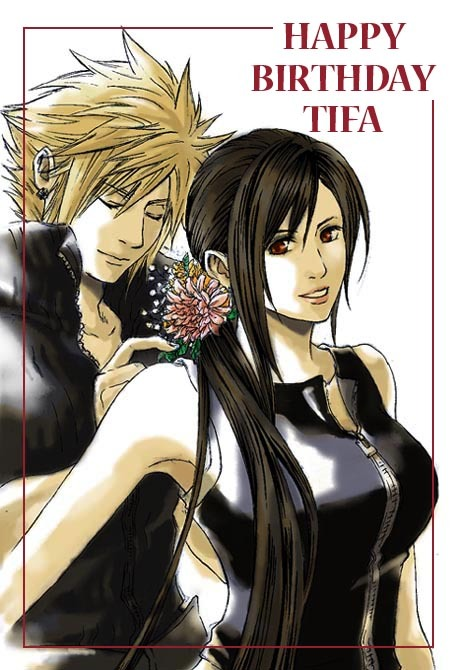 cloud strife, tifa lockhart, final fantasy, final fantasy vii, final fantasy vii: advent children, 00s, 1990s (style), 1boy, 1girl, blonde hair, character name, couple, flower, hair flower, hair ornament, happy birthday, long hair