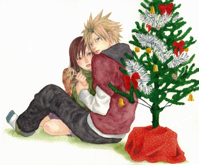 cloud strife, tifa lockhart, final fantasy, final fantasy vii, artist request, 1990s (style), 1boy, 1girl, alternate hair color, blonde hair, blue eyes, brown eyes, brown hair, christmas, christmas tree, couple, from behind