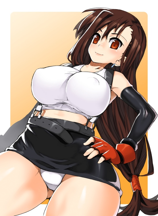 tifa lockhart, final fantasy, final fantasy vii, breasts, brown hair, elbow gloves, fingerless gloves, from below, gloves, gradient background, large breasts, long hair, panties, pantyshot, red eyes, solo, suspenders, underwear, upskirt, very long hair, white panties