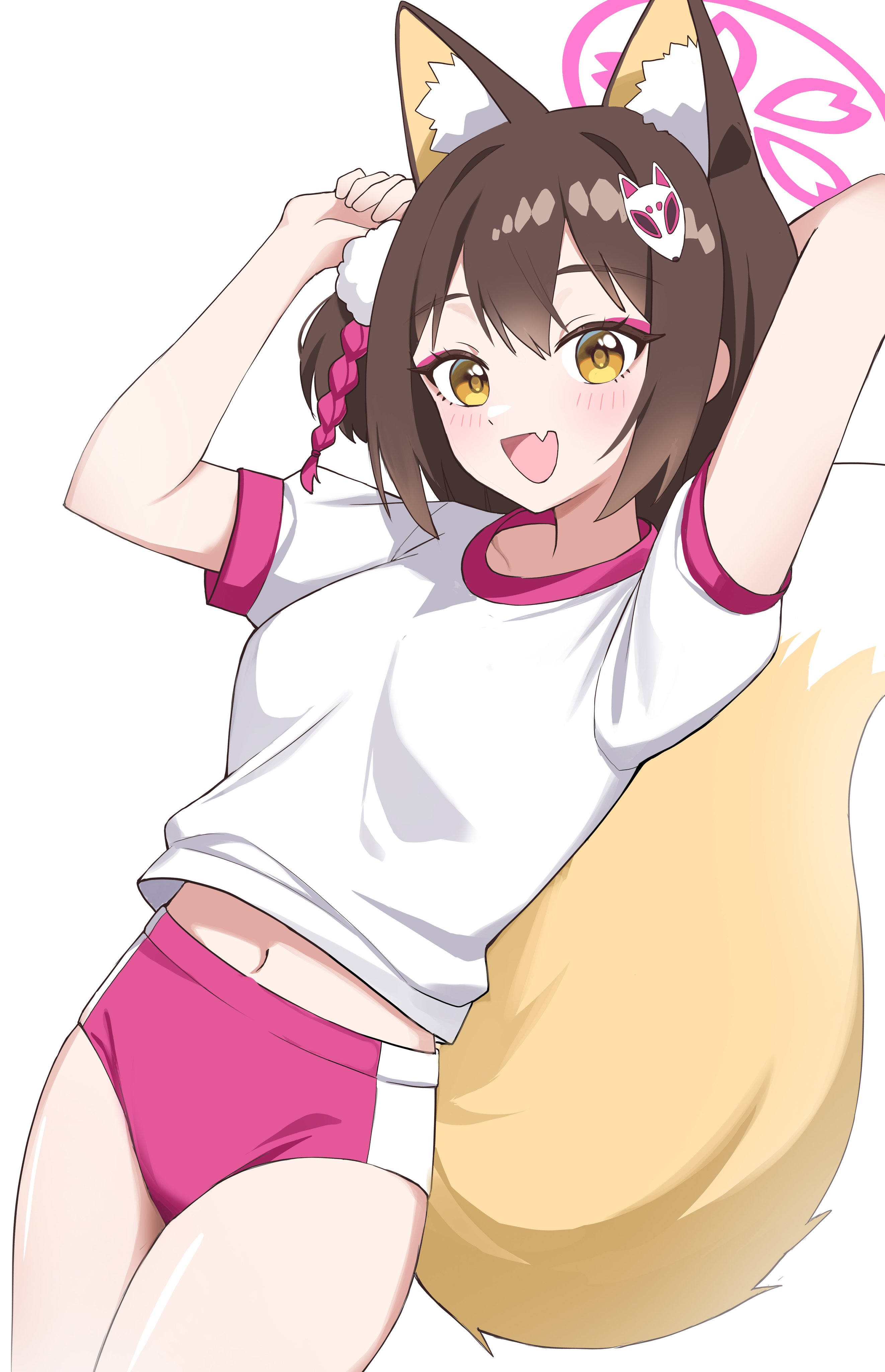 prock, izuna (blue archive), blue archive, absurdres, commentary request, highres, 1girl, :d, animal ear fluff, animal ears, arm behind head, blush, brown hair, buruma, cowboy shot, fang, fox ears, fox girl, fox tail, gym shirt, gym uniform, hair between eyes, hair ornament, halo, hands up, looking at viewer, navel, open mouth, pink buruma, pink halo, shirt, short hair, short sleeves, simple background, skin fang, smile, solo, tail, track suit, white background, white shirt, yellow eyes
