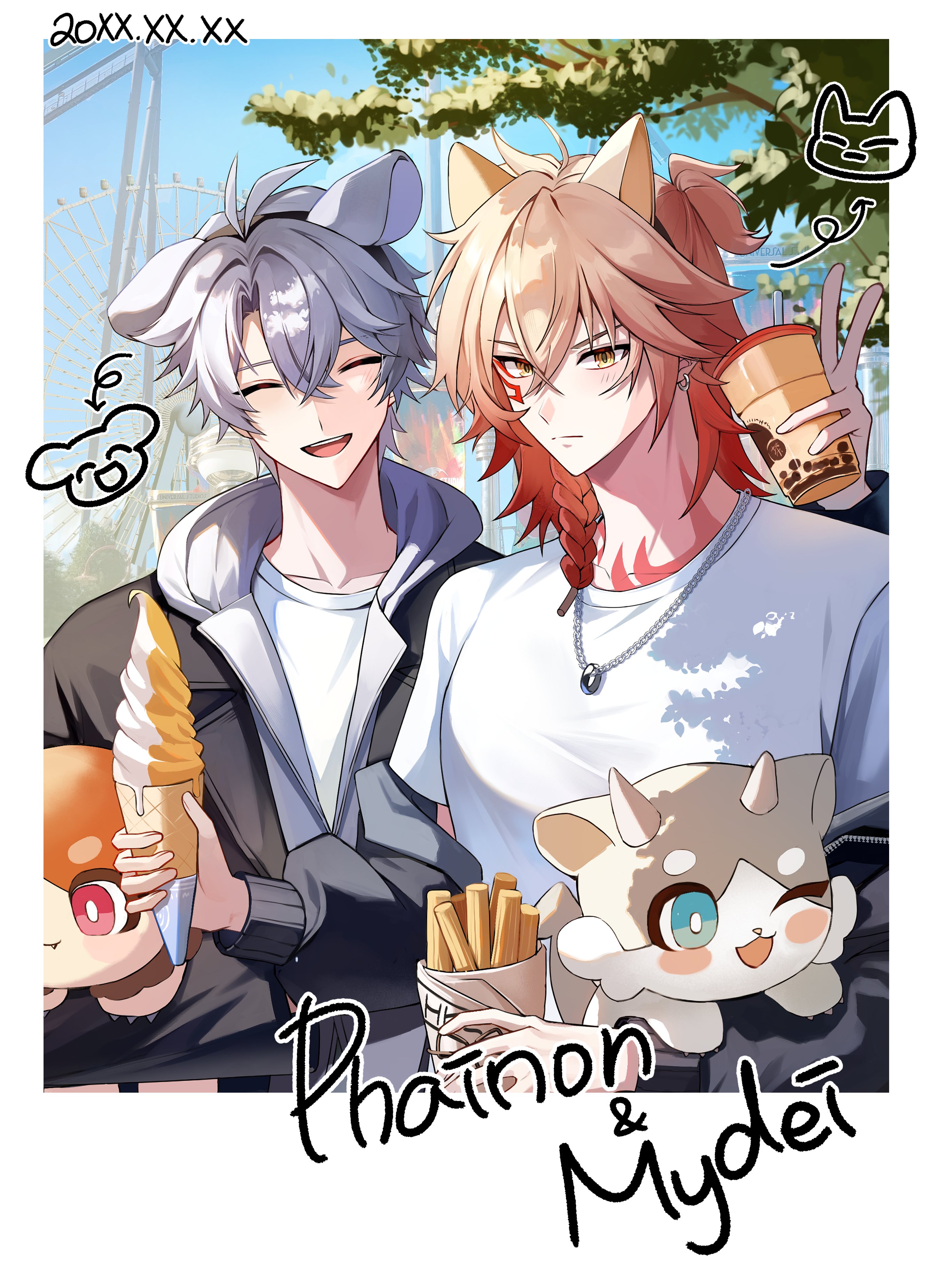 yammin, mydei (fig stew) (honkai: star rail), mydei (honkai: star rail), phainon (honkai: star rail), phainon (vigethos) (honkai: star rail), honkai: star rail, honkai (series), absurdres, commentary, highres, 2boys, animal ear hairband, animal ears, antenna hair, black jacket, blonde hair, blue sky, blush, braid, cat ears, character name, closed eyes, dog ears, facial tattoo, fake animal ears, gradient hair, hairband, jacket, male focus, medium hair, multicolored hair, multiple boys, neck tattoo, open clothes, open jacket, parted bangs, red hair, red tattoo, shirt, short hair, side braid, sky, stuffed toy, tattoo, white hair, white shirt, yellow eyes