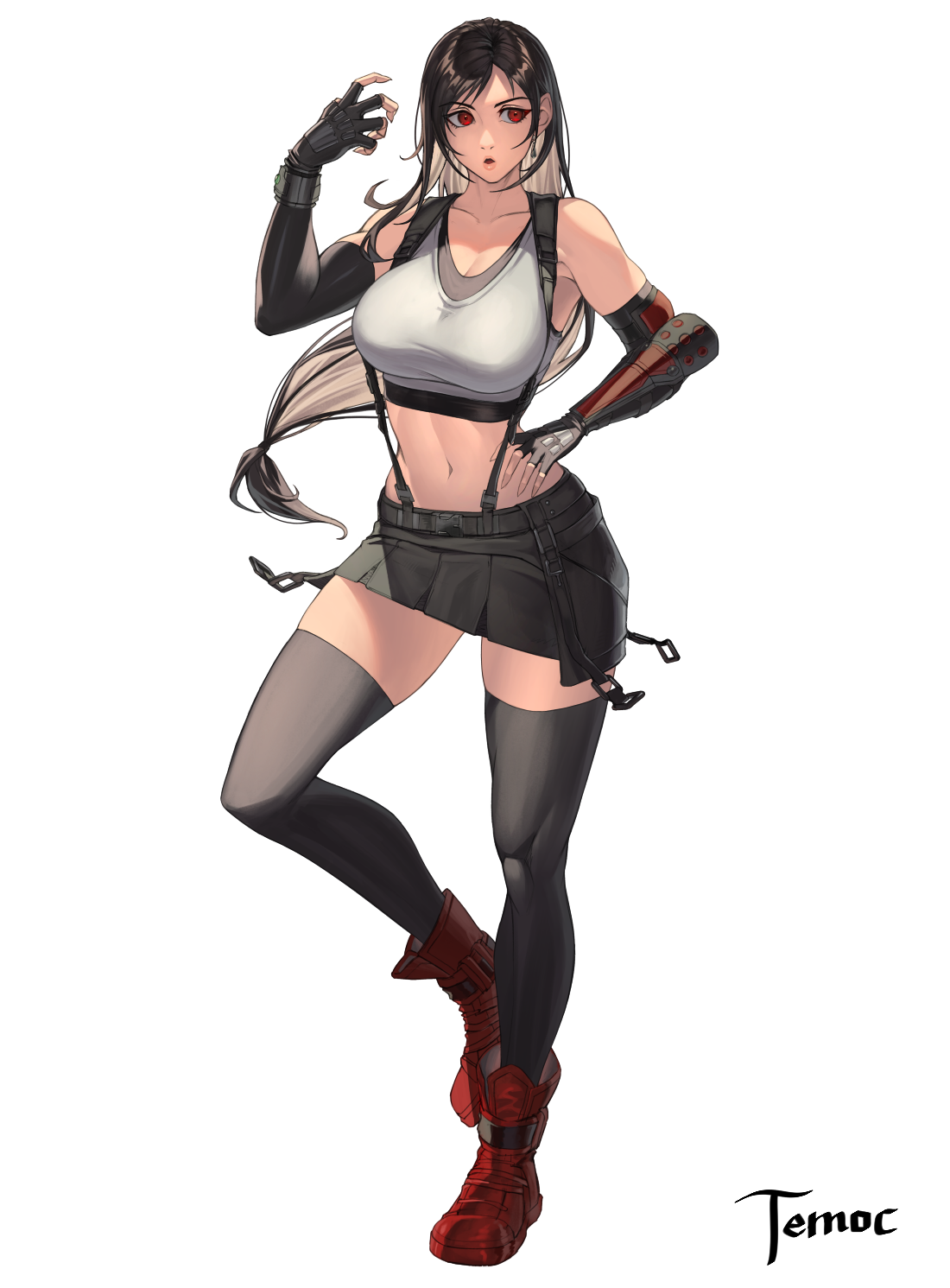 temoc, tifa lockhart, final fantasy, final fantasy vii, final fantasy vii remake, commentary request, highres, 1girl, armpit crease, artist name, bare shoulders, black gloves, black hair, black skirt, black sports bra, black thighhighs, boots, bracelet, breasts, collarbone, crop top, earrings, elbow gloves, fingerless gloves, full body, gloves, hand on own hip, hand up, jewelry, large breasts, long hair, low-tied long hair, midriff, miniskirt, navel, parted lips, red boots, red eyes, serious, simple background, single arm guard, single earring, skirt, solo, sports bra, standing, suspender skirt, suspenders, tank top, thighhighs, toned, toned female, white background, white tank top, zettai ryouiki