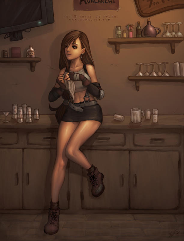 tifa lockhart, final fantasy, final fantasy vii, 1girl, bar (place), belt, black hair, bottle, cleaning, cup, cupboard, earrings, fingerless gloves, glass, gloves, jar, jewelry, margaretta glass, midriff, mug, skirt, solo, suspenders, television, towel, wineglass