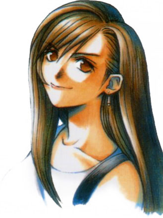nomura tetsuya, tifa lockhart, final fantasy, final fantasy vii, lowres, official art, 1990s (style), brown eyes, close-up, suspenders