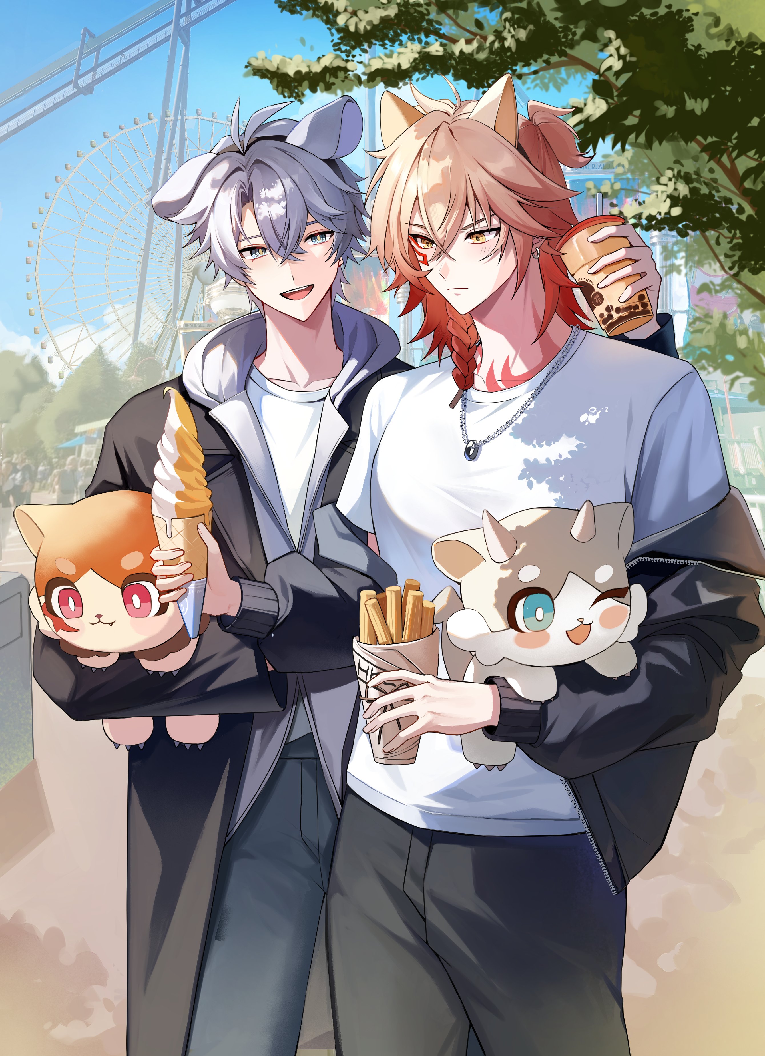 yammin, mydei (fig stew) (honkai: star rail), mydei (honkai: star rail), phainon (honkai: star rail), phainon (vigethos) (honkai: star rail), honkai: star rail, honkai (series), absurdres, commentary, highres, 2boys, animal ear hairband, animal ears, antenna hair, black coat, black jacket, black pants, blonde hair, blue sky, braid, cat ears, closed eyes, coat, dog ears, facial tattoo, fake animal ears, gradient hair, hairband, jacket, male focus, medium hair, multicolored hair, multiple boys, neck tattoo, open clothes, open jacket, pants, parted bangs, red hair, red tattoo, shirt, short hair, side braid, sky, stuffed toy, tattoo, white hair, white shirt, yellow eyes