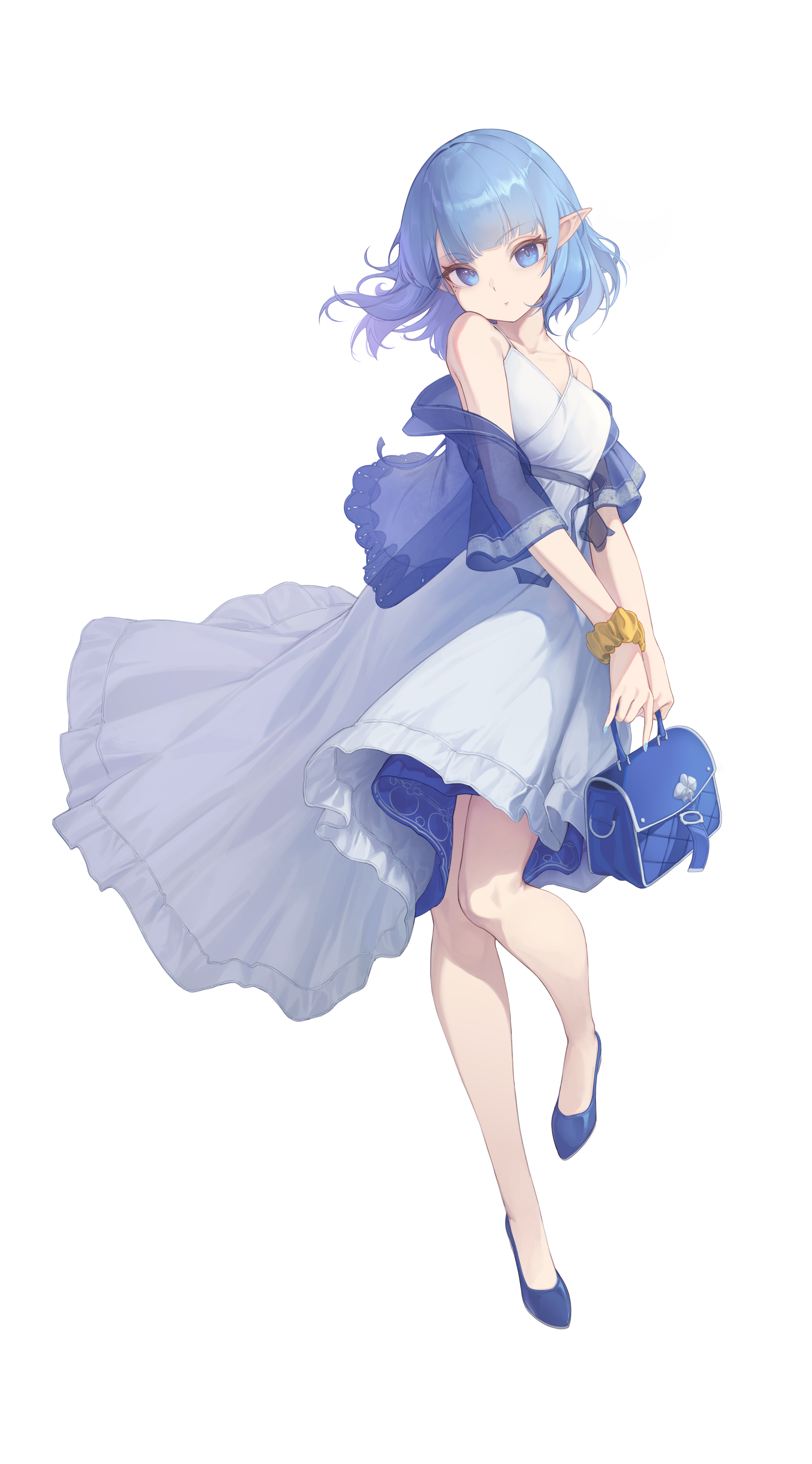 glassowk, original, absurdres, chinese commentary, commentary, commentary request, english commentary, highres, mixed-language commentary, 1girl, bag, bare shoulders, blue eyes, blue hair, blue nails, blue shoes, closed mouth, collarbone, dress, elf, fingernails, full body, holding, holding bag, legs, long fingernails, looking at viewer, medium hair, nail polish, pointy ears, scrunchie, shoes, sleeveless, sleeveless dress, solo, standing, white dress, wrist scrunchie, yellow scrunchie