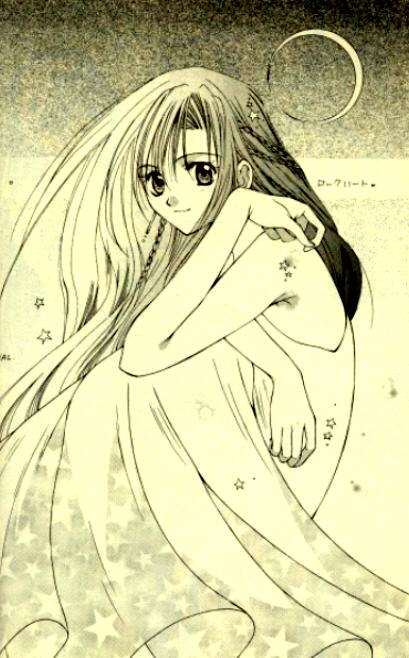 tenshin monogatari, tifa lockhart, final fantasy, final fantasy vii, 1990s (style), 1girl, crescent moon, female focus, long hair, monochrome, moon, retro artstyle, sitting, sky, solo, star (symbol)