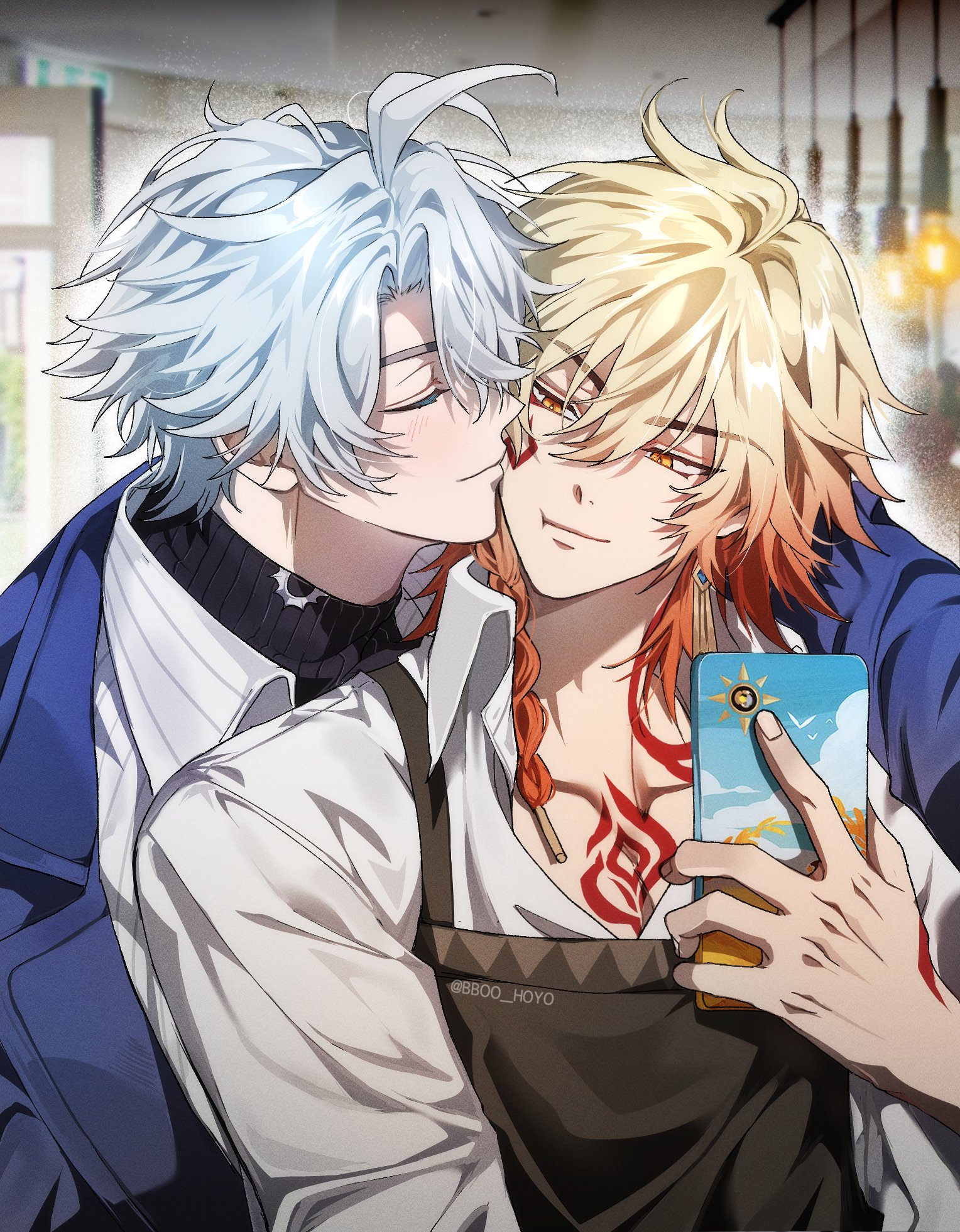 bboo hoyo, mydei (delicacies) (honkai: star rail), mydei (honkai: star rail), phainon (honkai: star rail), phainon (luckin coffee) (honkai: star rail), honkai: star rail, honkai (series), commentary, highres, 2boys, antenna hair, apron, black choker, black sweater, blonde hair, blue coat, blush, braid, brown apron, chest tattoo, choker, closed eyes, coat, collared shirt, earrings, facial tattoo, gold earrings, gradient hair, holding, holding phone, jewelry, kiss, kissing cheek, male focus, medium hair, multicolored hair, multiple boys, official alternate costume, parted bangs, phone, red hair, red tattoo, shirt, short hair, side braid, sweater, tattoo, turtleneck, turtleneck sweater, white hair, white shirt, yaoi, yellow eyes