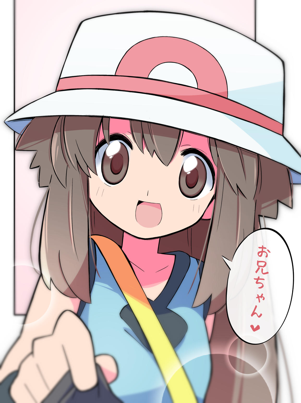 rascal (feuille), leaf (pokemon), nintendo, pokemon, pokemon frlg, commentary request, highres, translation request, 1boy, 1girl, :d, bag, blue shirt, blurry, breasts, brown eyes, brown hair, clothes pull, collarbone, hair between eyes, hat, long hair, looking at viewer, open mouth, pov, shirt, shirt pull, sidelocks, simple background, sleeveless, sleeveless shirt, small breasts, smile, speech bubble, standing, white hat, wristband