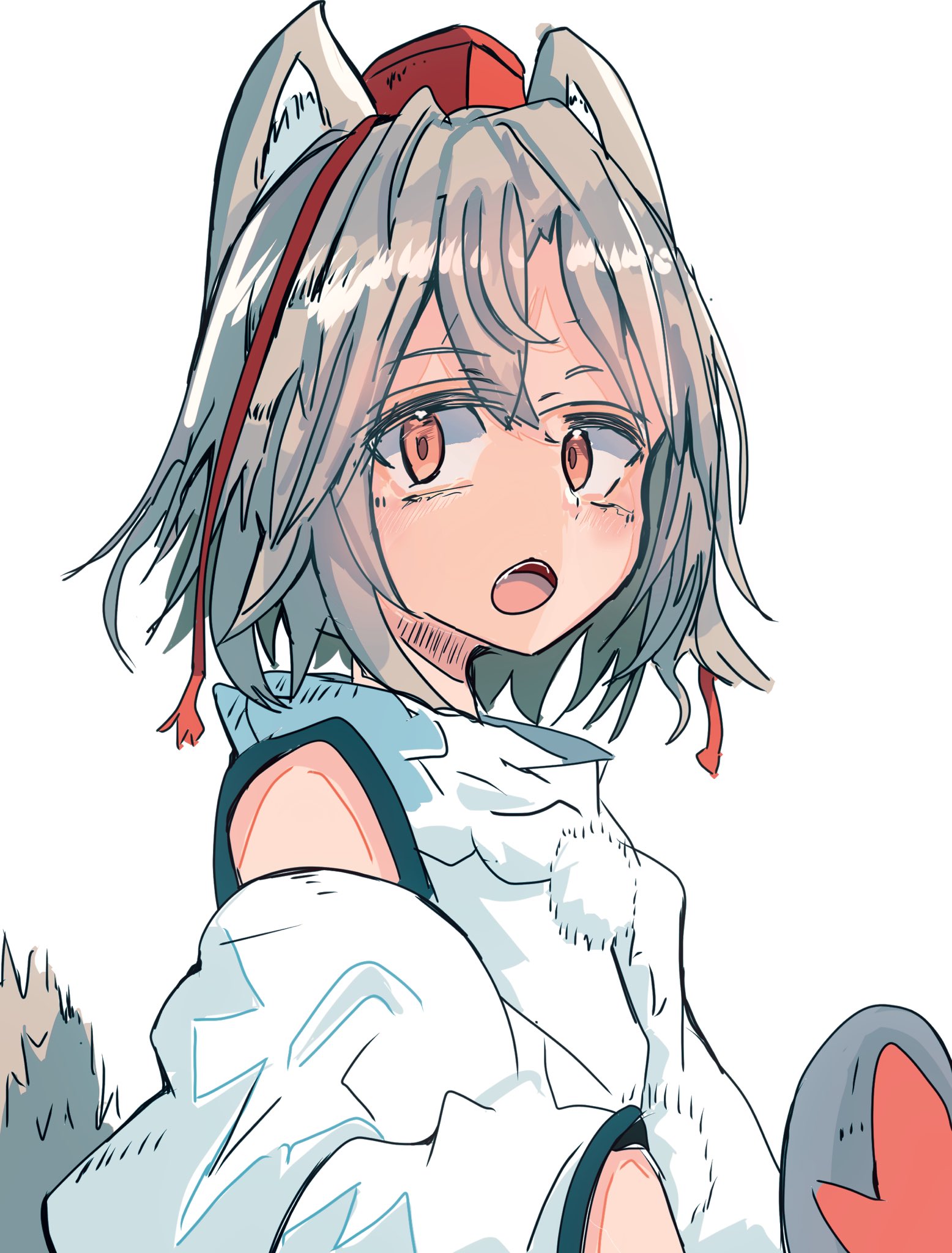 th kajiya, inubashiri momiji, touhou, commentary, highres, 1girl, animal ears, detached sleeves, from side, grey hair, hat, looking at viewer, medium hair, open mouth, red hat, simple background, tail, tokin hat, upper body, white background, wolf ears, wolf girl, wolf tail