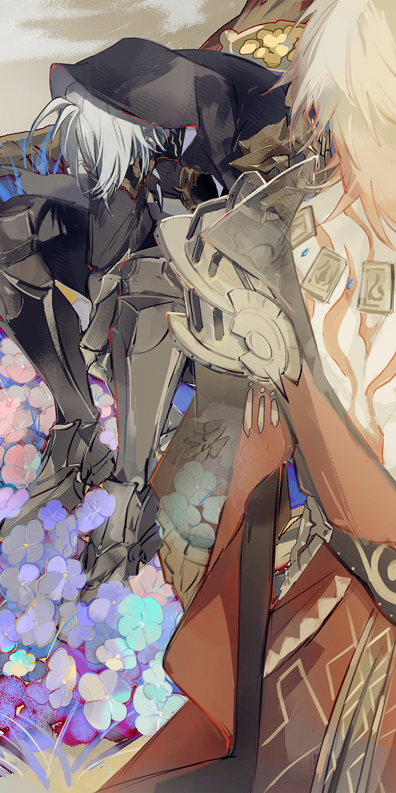 mississipping, mydei (honkai: star rail), phainon (honkai: star rail), honkai: star rail, honkai (series), chinese commentary, commentary request, highres, 2boys, antenna hair, armor, armored boots, back tattoo, black cloak, black pants, blonde hair, boots, cape, cloak, gold necklace, gradient hair, hood, hooded cloak, jewelry, male focus, mask, medium hair, multicolored hair, multiple boys, necklace, pants, pauldrons, red cape, red hair, red tattoo, short hair, shoulder armor, side cape, single pauldron, tattoo, white hair