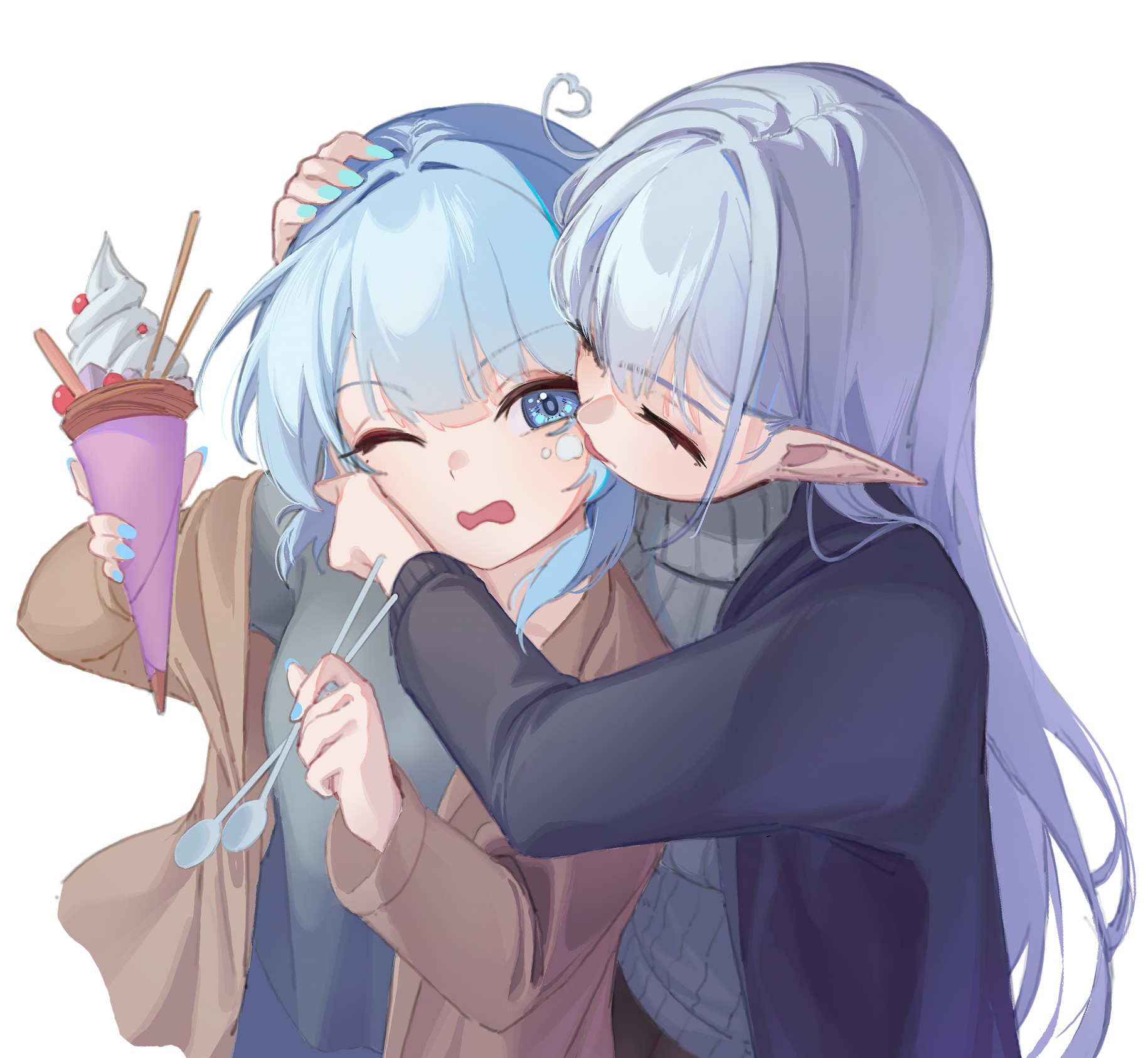 glassowk, original, commentary, highres, 2girls, ahoge, aqua nails, black jacket, blue eyes, blue hair, blue nails, brown jacket, closed eyes, food, food on face, green sweater, grey sweater, heart, heart ahoge, holding, holding ice cream cone, holding spoon, ice cream, ice cream cone, ice cream on face, jacket, licking, licking another's face, long hair, multiple girls, nail polish, one eye closed, open mouth, pointy ears, simple background, spoon, sweater, tongue, tongue out, upper body, white background, white hair