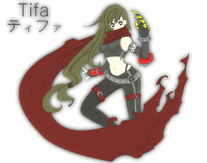 tifa lockhart, vincent valentine, final fantasy, final fantasy vii, 1990s (style), 1girl, belt, black pants, cape, claws, cosplay, elbow gloves, female focus, fingerless gloves, gloves, long hair, midriff, pants, retro artstyle, scarf, simple background, solo, vincent valentine (cosplay), white background