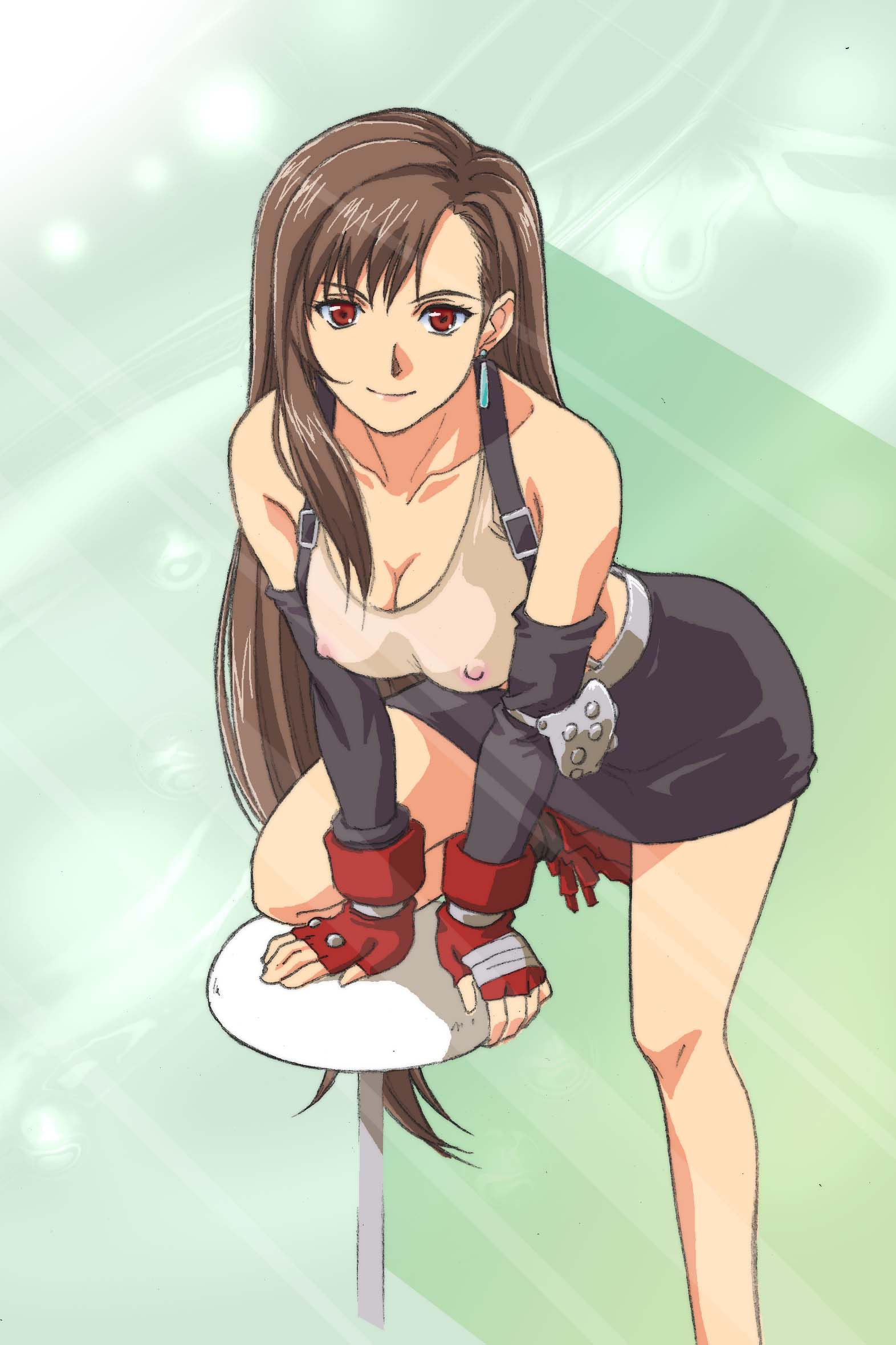 tifa lockhart, final fantasy, final fantasy vii, highres, breasts, brown hair, cleavage, red eyes, see-through clothes, solo, suspenders