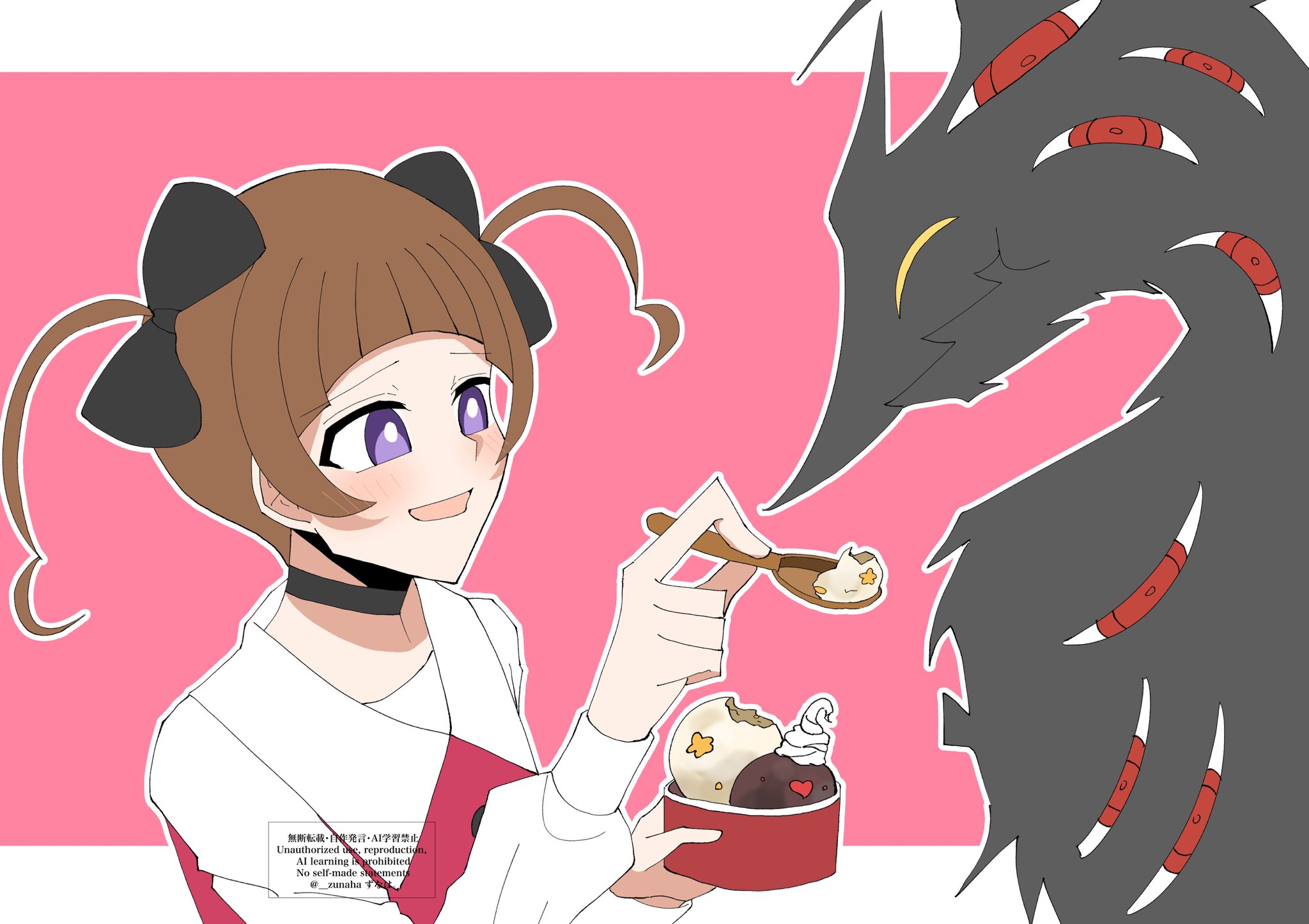 shademon, yamada haruko, digimon, digimon beatbreak, 1girl, blush, digimon (creature), eating, looking at viewer, purple eyes, red eyes, ribbon, zunaha