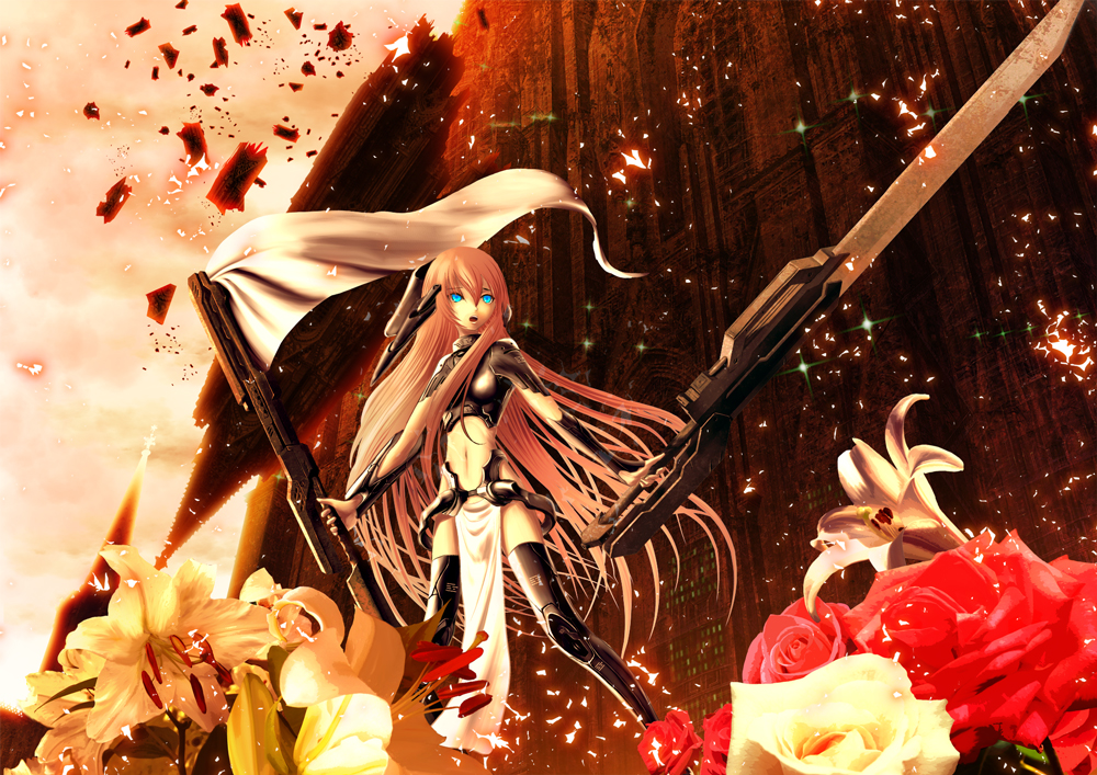 yonasawa, megurine luka, vocaloid, 1girl, banner, blue eyes, female focus, flower, long hair, navel, pink hair, solo, very long hair, weapon