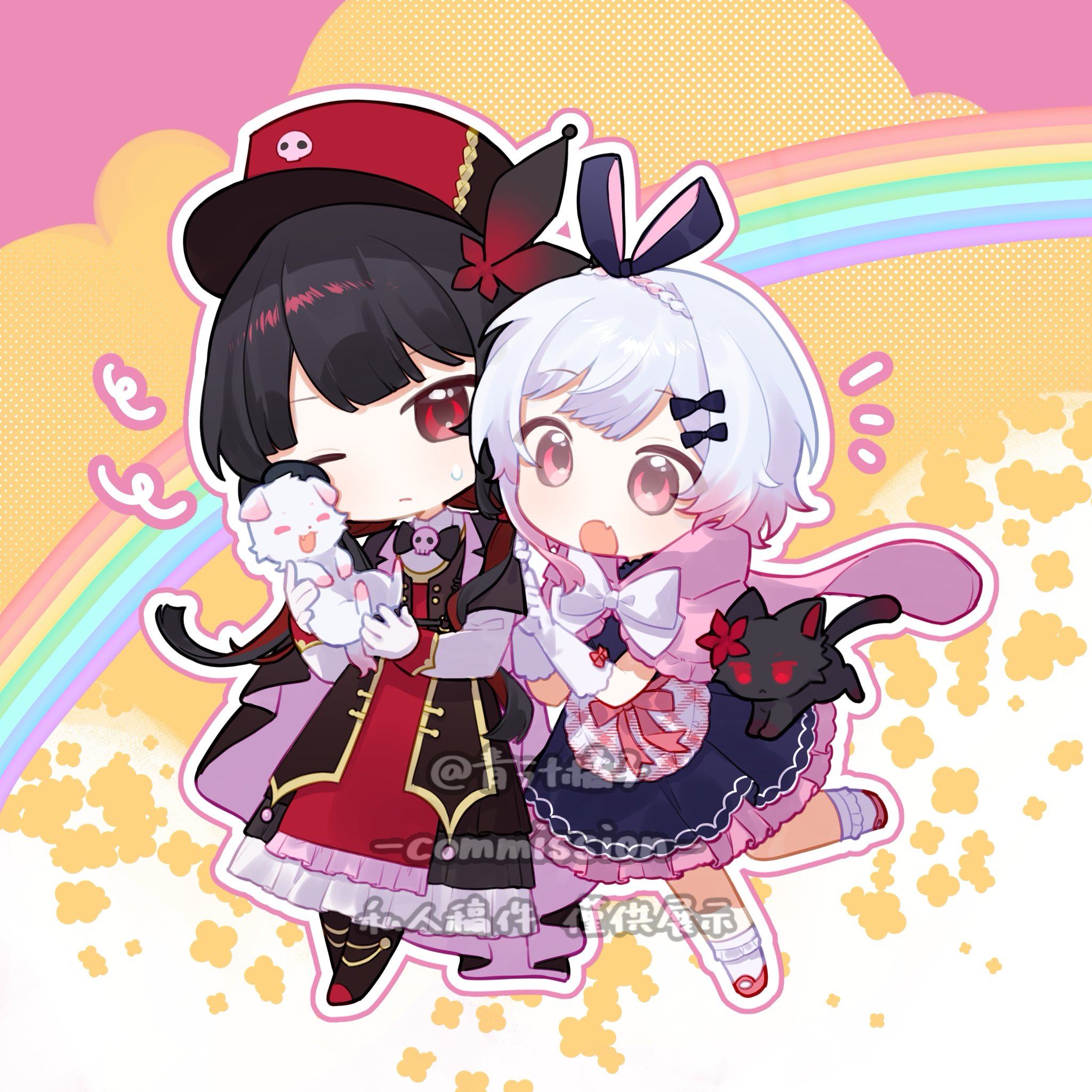 nikaido hiro, sakuraba ema, mahou shoujo no majo saiban, chinese commentary, commentary request, commission, highres, 2girls, animal, animalization, black cat, black dress, black hair, blue dress, cape, cat, chibi, chibi only, dog, dress, full body, gradient hair, hair ornament, hat, holding, holding animal, long hair, long sleeves, looking at another, mimi (chenzi0809), multicolored hair, multiple girls, one eye closed, open mouth, person and animalization, pink cape, pink eyes, rainbow, red eyes, red hat, short hair, standing, white hair