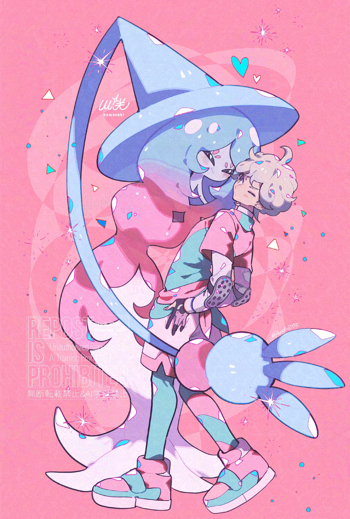 kawasaki (kwsk 8765), bede (pokemon), hatterene, nintendo, pokemon, pokemon swsh, commentary request, highres, 1boy, 1girl, ahoge, black sclera, blush, closed mouth, colored sclera, colored skin, curly hair, elbow pads, gen 8 pokemon, gloves, hat, heart, layered sleeves, leggings, leggings under shorts, long sleeves, one eye closed, partially fingerless gloves, pokemon (creature), purple eyes, shirt, short hair, short over long sleeves, short sleeves, shorts, smile, white skin, witch hat