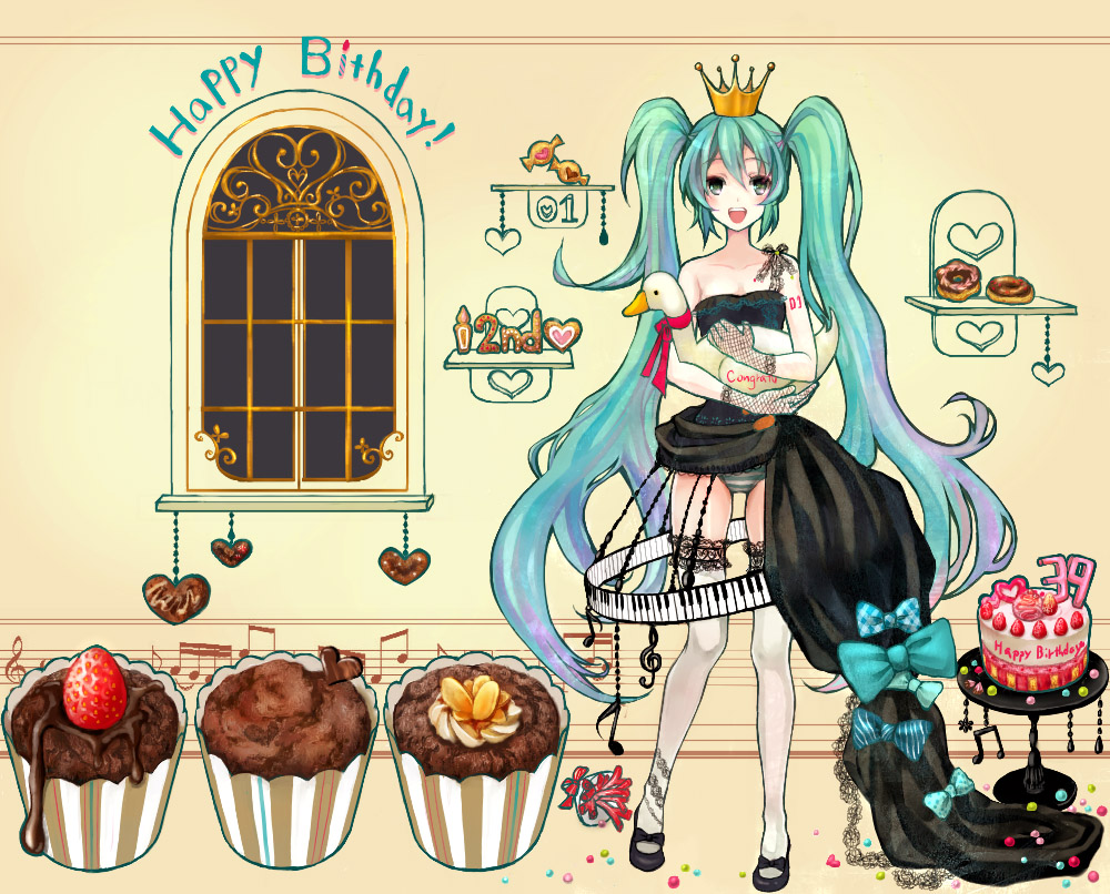 anko kinako, hatsune miku, vocaloid, 1girl, aqua eyes, aqua hair, bird, cake, candy, crown, dress, duck, female focus, fishnet gloves, fishnets, food, gloves, indoors, legs, long hair, panties, pastry, piano print, smile, solo, striped clothes, striped panties, twintails, underwear, very long hair