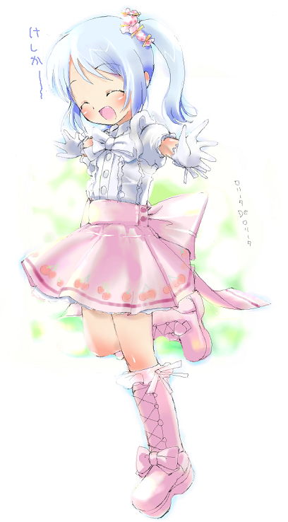 uya (munyu), original, 1girl, :d, ^ ^, blue hair, boots, closed eyes, female focus, gloves, hair ornament, leg up, lolita fashion, open mouth, outstretched arms, pink boots, pink skirt, simple background, skirt, smile, solo, spread arms, thighhighs, white background, white gloves, zettai ryouiki