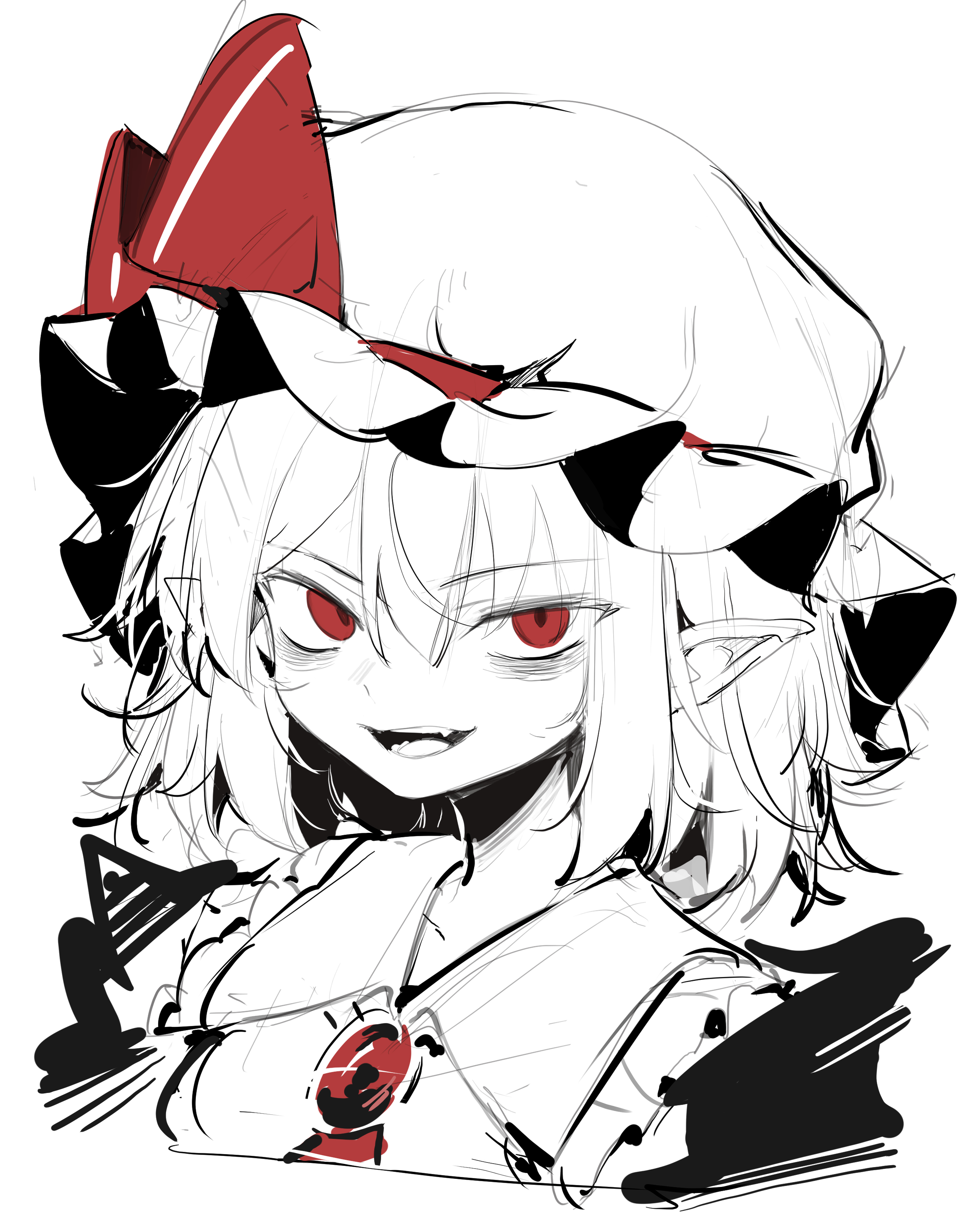 hisha (kan moko), remilia scarlet, touhou, absurdres, commentary, highres, 1girl, bow, bowtie, gem, greyscale, hat, looking at viewer, mob cap, monochrome, open mouth, pointy ears, red bow, red bowtie, red eyes, red gemstone, short hair, simple background, solo, spot color, upper body