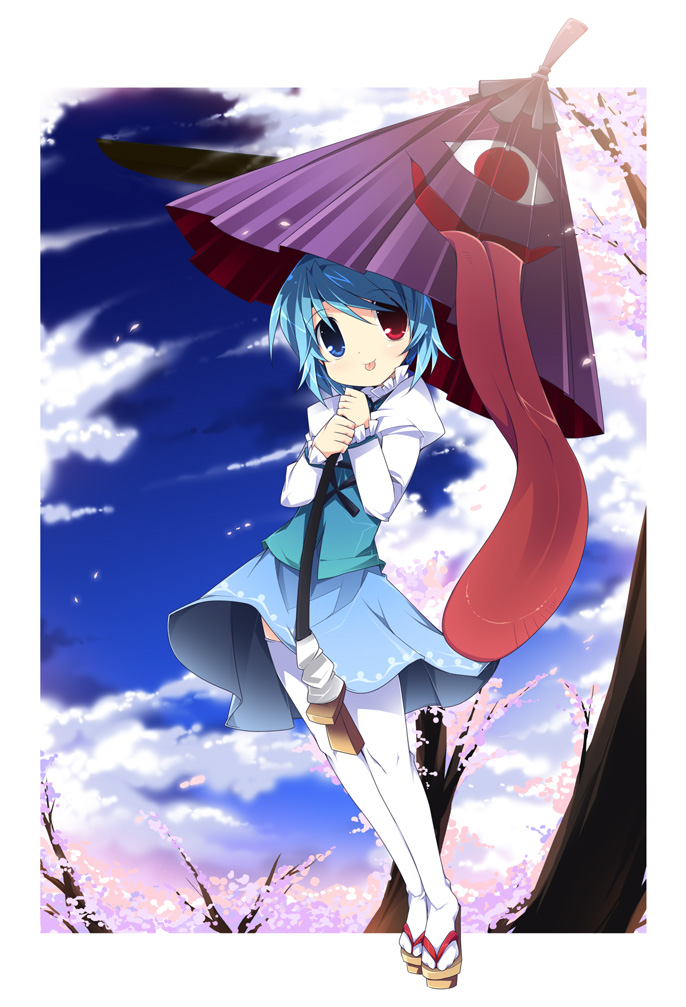 rfa, tatara kogasa, touhou, revision, 1girl, :p, blue eyes, blue hair, cherry blossoms, cloud, female focus, geta, heterochromia, karakasa obake, matching hair/eyes, nature, outdoors, red eyes, sky, solo, thighhighs, tongue, tongue out, tree, umbrella, white thighhighs