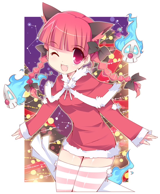 rfa, kaenbyou rin, touhou, 1girl, animal ears, bow, braid, cat ears, cat girl, christmas, fang, female focus, hair bow, hitodama, multiple hair bows, one eye closed, pink eyes, red hair, santa costume, skull, solo, striped clothes, striped thighhighs, thighhighs, twin braids, twintails, wink
