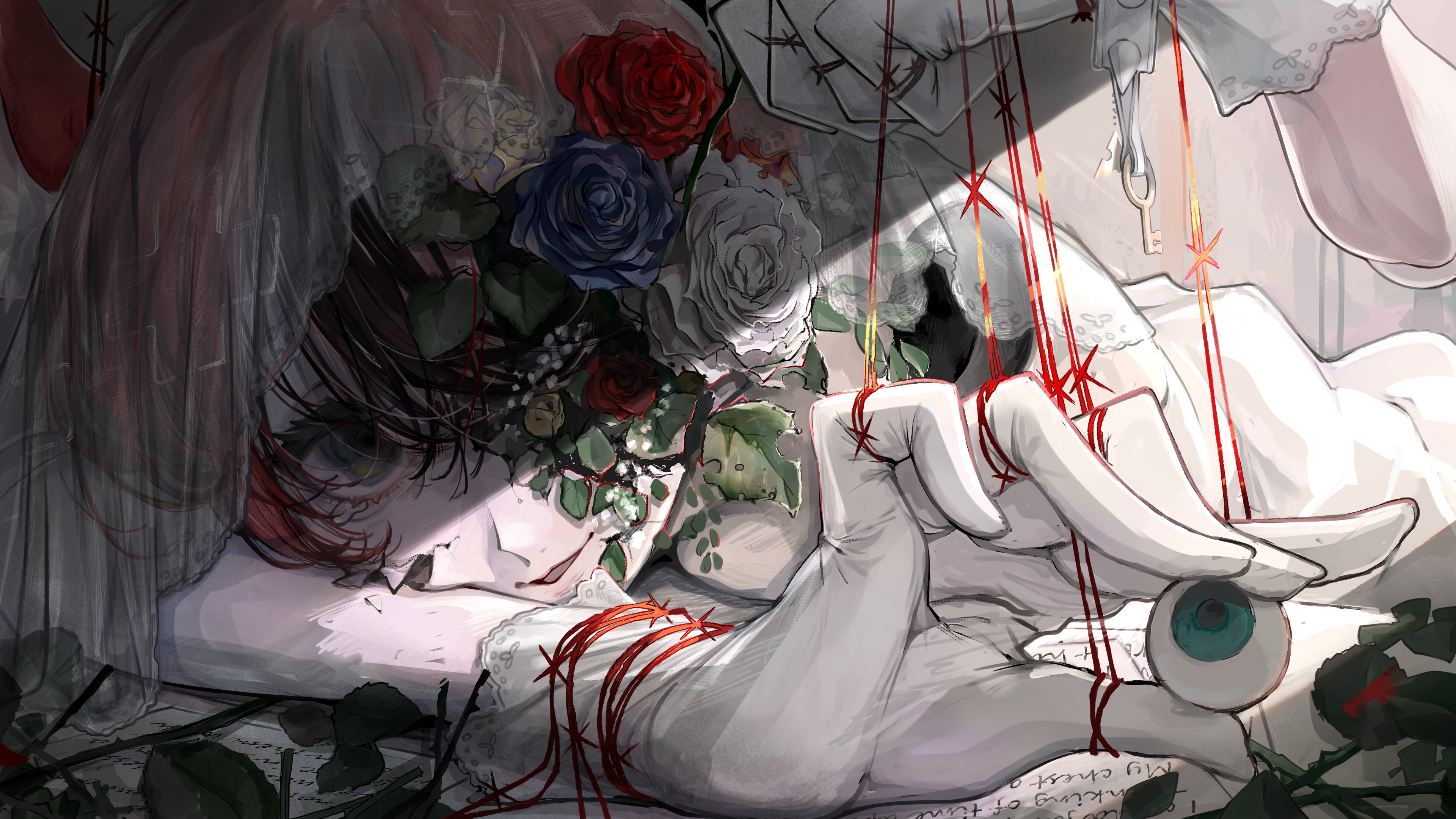 toro3, hakos baelz, hololive, absurdres, commentary, highres, 1girl, animal ear fluff, animal ears, black hair, blue eyes, blue flower, blue rose, blurry eyes, bracelet, bridal veil, cracked skin, detached arm, disembodied eye, doll joints, dress, eyeball, flower, flower over eye, gloves, head on arm, holding, holding eyeball, jewelry, joints, key, leaf, mouse ears, multicolored hair, paper, puppet strings, red flower, red rose, rose, smile, spiked bracelet, spikes, string around finger, string around wrist, veil, wedding dress, white flower, white gloves, white hair, white rose, yellow flower, yellow rose