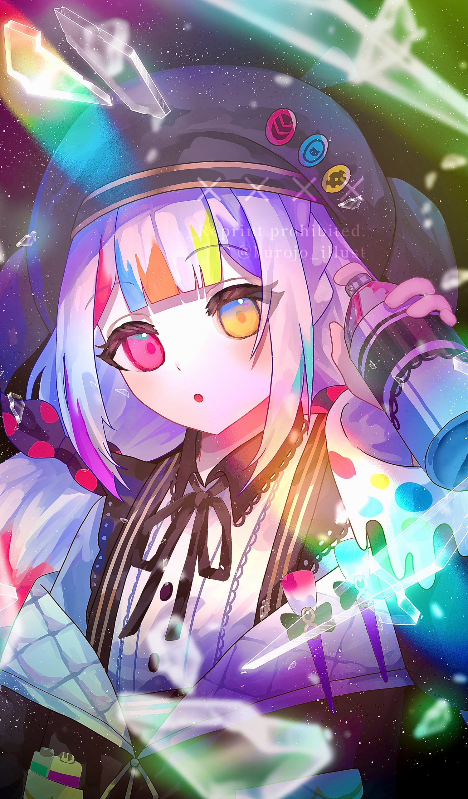 jogasaki noah, mahou shoujo no majo saiban, absurdres, commentary request, highres, 1girl, :o, artist painter, beret, black background, blunt bangs, bow, glass shards, hand up, hat, heterochromia, holding, holding spray can, kurojo momiji, long hair, long sleeves, looking at viewer, multi-tied hair, multicolored hair, neck ribbon, pale skin, polka dot, polka dot bow, ribbon, shirt, solo, spray can, streaked hair, upper body, white hair, white shirt, yellow eyes