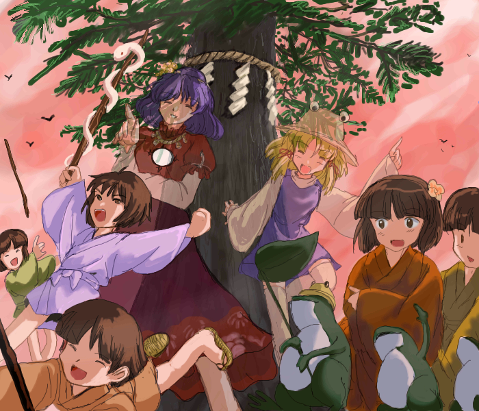 flx, moriya suwako, yasaka kanako, touhou, 3girls, blonde hair, female focus, frog, hat, multiple girls, purple hair, rope, shide, shimenawa, short hair, snake, thighhighs, tree