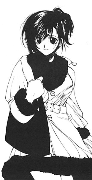 tenshin monogatari, tifa lockhart, final fantasy, final fantasy vii, 1990s (style), 1girl, bag, belt, belt buckle, black hair, breasts, buckle, carrying, closed mouth, coat, female focus, hair up, hand up, handbag, happy, holding, holding handbag, jacket, jewelry, large breasts, long hair, long sleeves, looking to the side, monochrome, necklace, pendant, retro artstyle, smile, solo, standing