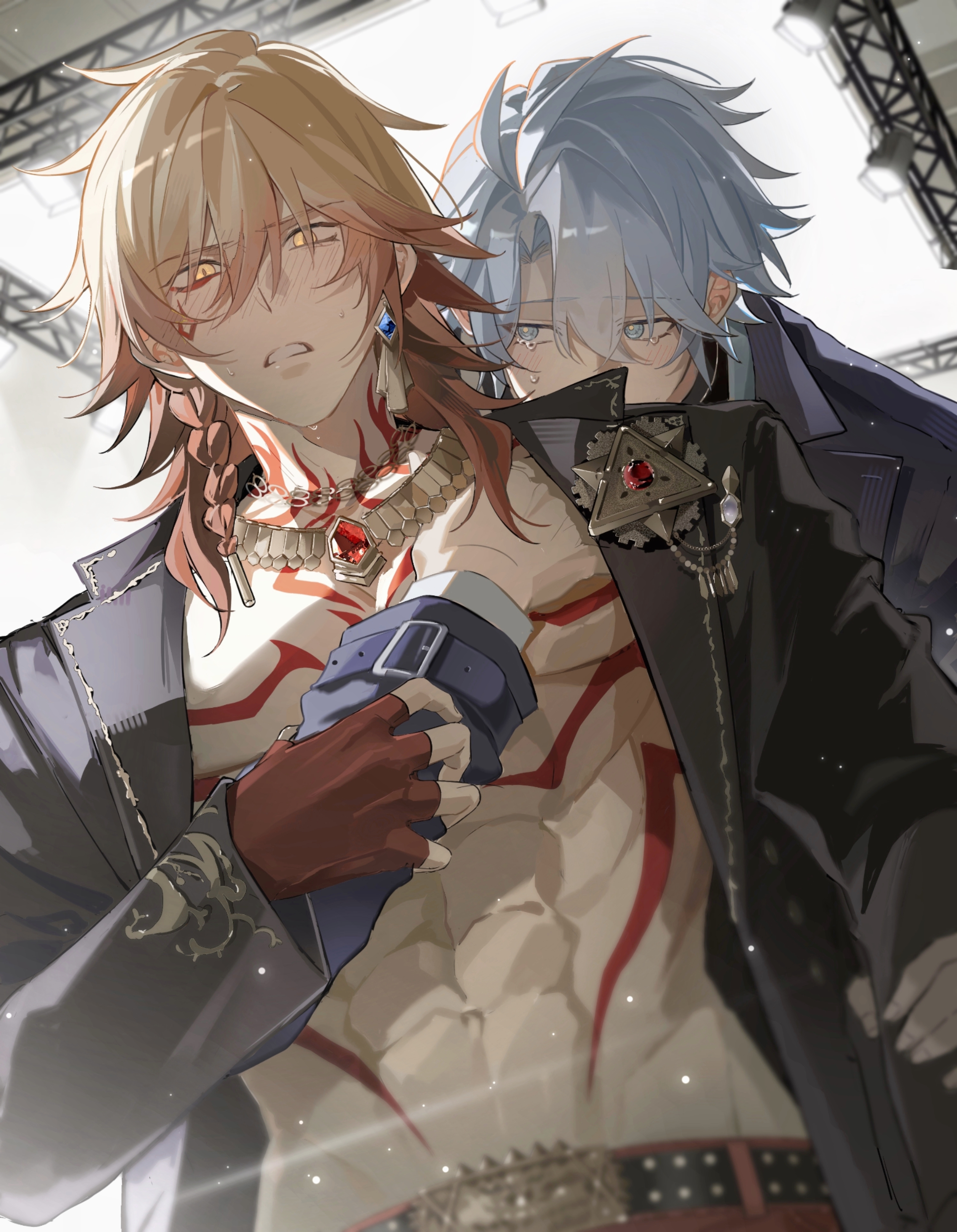 oh qing yang, mydei (honkai: star rail), phainon (honkai: star rail), honkai: star rail, honkai (series), absurdres, chinese commentary, commentary request, highres, 2boys, abs, antenna hair, belt, black belt, black jacket, black shirt, blonde hair, blue coat, blue eyes, blush, braid, chest tattoo, coat, collared shirt, earrings, facial tattoo, gem, gold earrings, gold necklace, grabbing from behind, gradient hair, jacket, jewelry, male focus, medium hair, multicolored hair, multiple boys, mydei (nylon japan) (honkai: star rail), necklace, official alternate costume, open clothes, open jacket, pants, parted bangs, pectoral grab, phainon (nylon japan) (honkai: star rail), red gemstone, red hair, red pants, red tattoo, shirt, short hair, side braid, tattoo, toned, toned male, white hair, white shirt, yaoi, yellow eyes