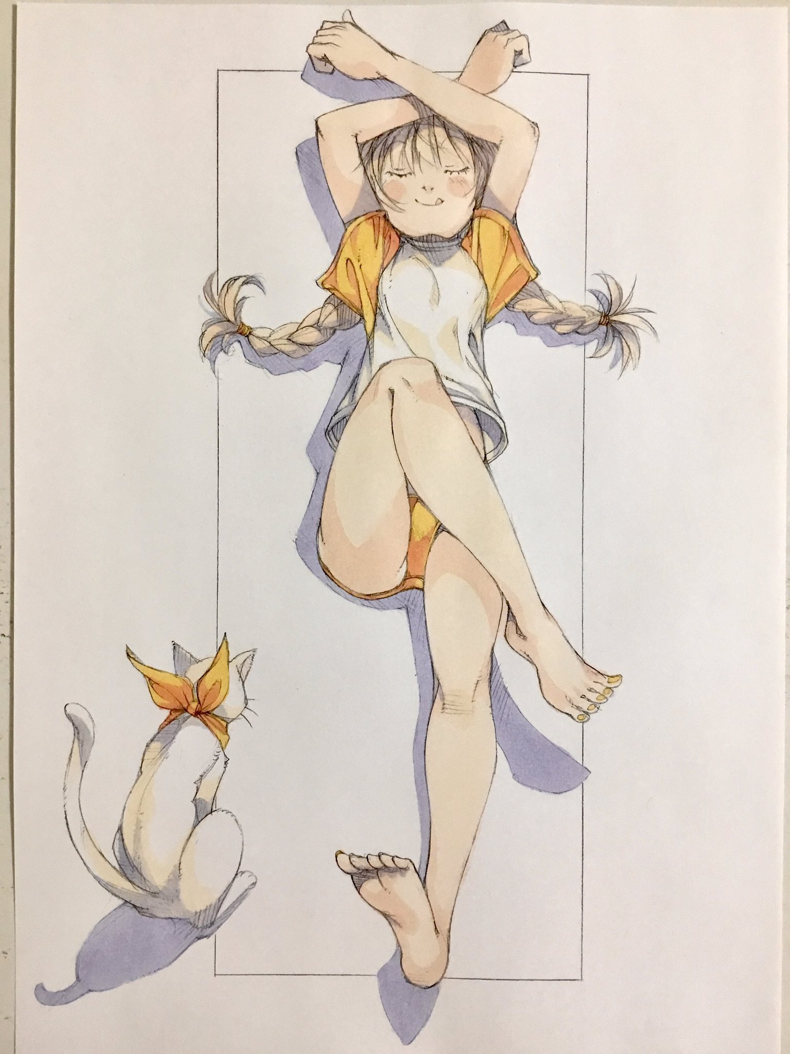peter salt, original, commentary request, highres, painting (medium), traditional media, watercolor (medium), 1girl, barefoot, bikini, bikini bottom only, blonde hair, braid, cat, closed eyes, full body, lying, on back, orange bikini, shadow, shirt, smile, soles, solo, swimsuit, twin braids, white cat