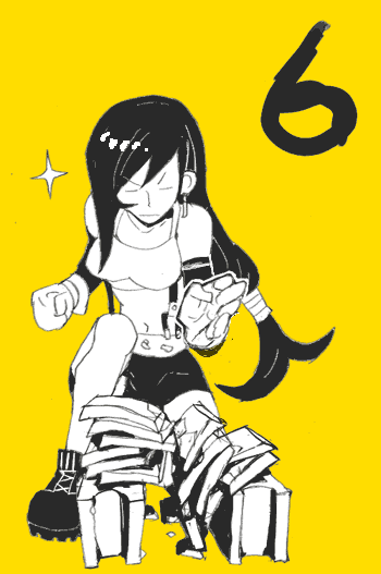 tifa lockhart, final fantasy, final fantasy vii, artist request, tagme, 1990s (style), black hair, boots, breaking, breasts, closed eyes, full body, large breasts, long hair, monochrome, ponytail, retro artstyle, simple background, tank top, yellow background, yellow theme
